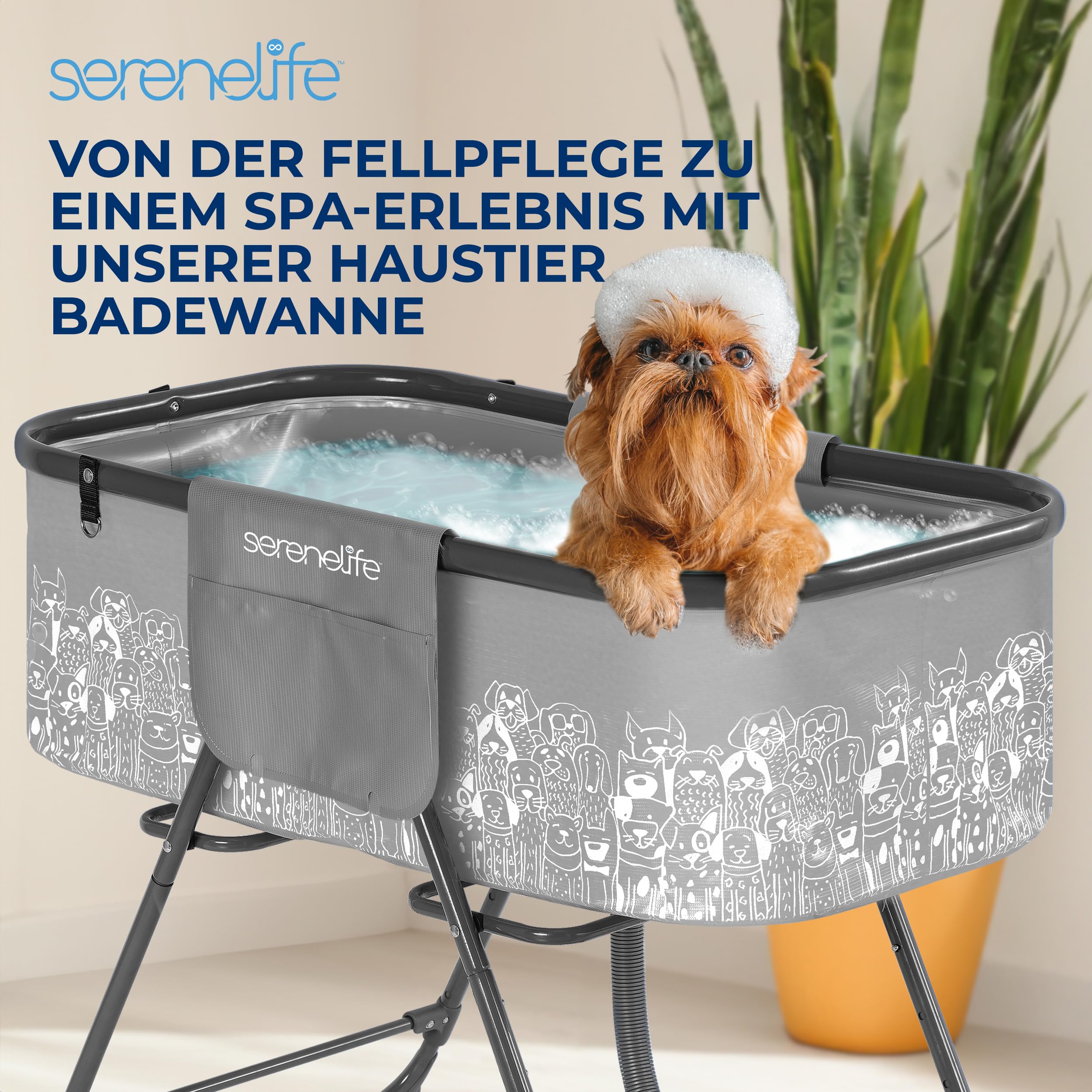SereneLife Hundebadewanne, Faltbare & Erhöhte Haustierbadewanne mit Abfluss & 3-Punkt-Gurt, Für kleine bis Mittelgroße Hunde & Katzen, Bis 59 kg, für Pflege & Baden