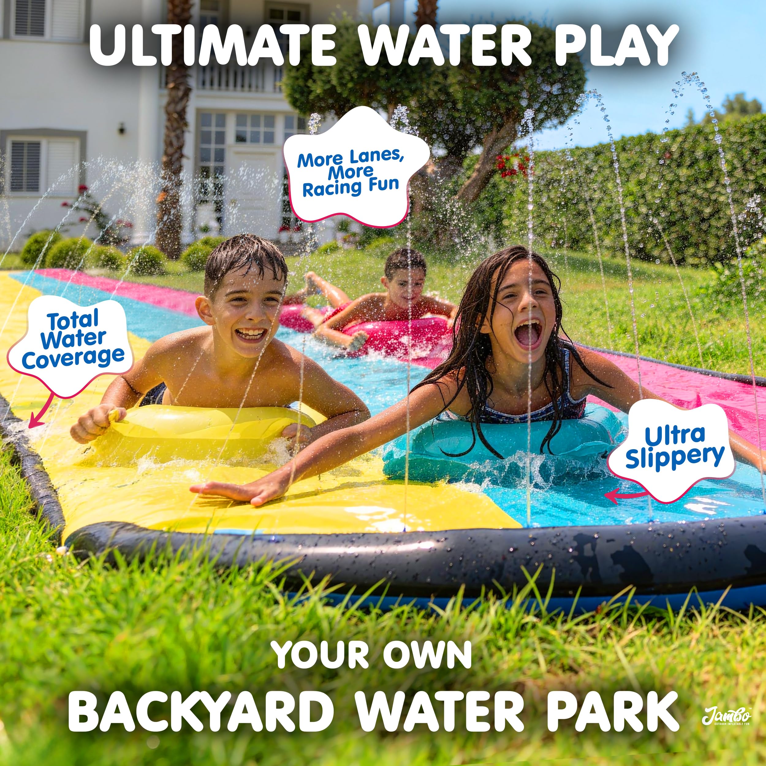 Jambo XL 20Ft Premium Slip Splash and Slide with 3 Bodyboards, Heavy Duty Water Slide- Advanced 3-Way Water Sprinkler System, Backyard Waterslide Outdoor Water Toys n Slides for Kids Splash Pad