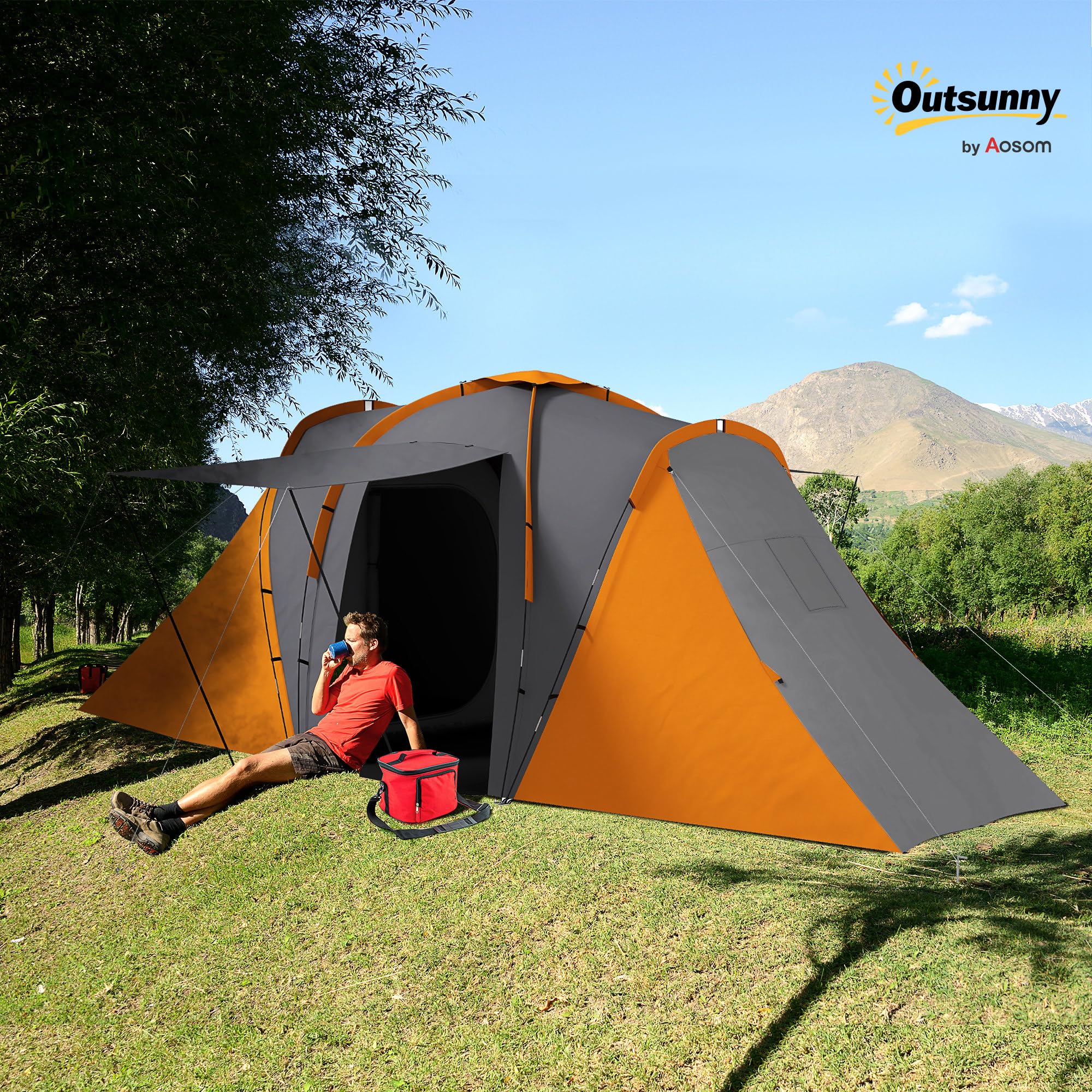 Outsunny Tente tunnel, tente de camping pour 4 à 6 personnes, avec 2 chambres, salon, tente familiale avec sac de transport, 2000 mm, imperméable, pour jardin, camping