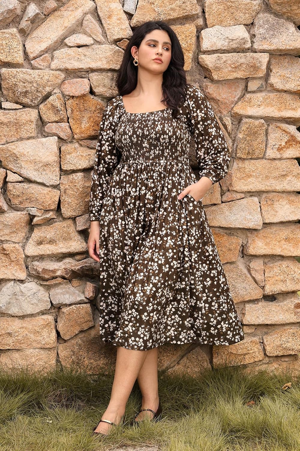 RITERA Plus Size Dresses for Curvy Women Square Neck Fall Long Sleeve Floral Smocked Maxi Dress with Pocket XL-5XL - Image 4