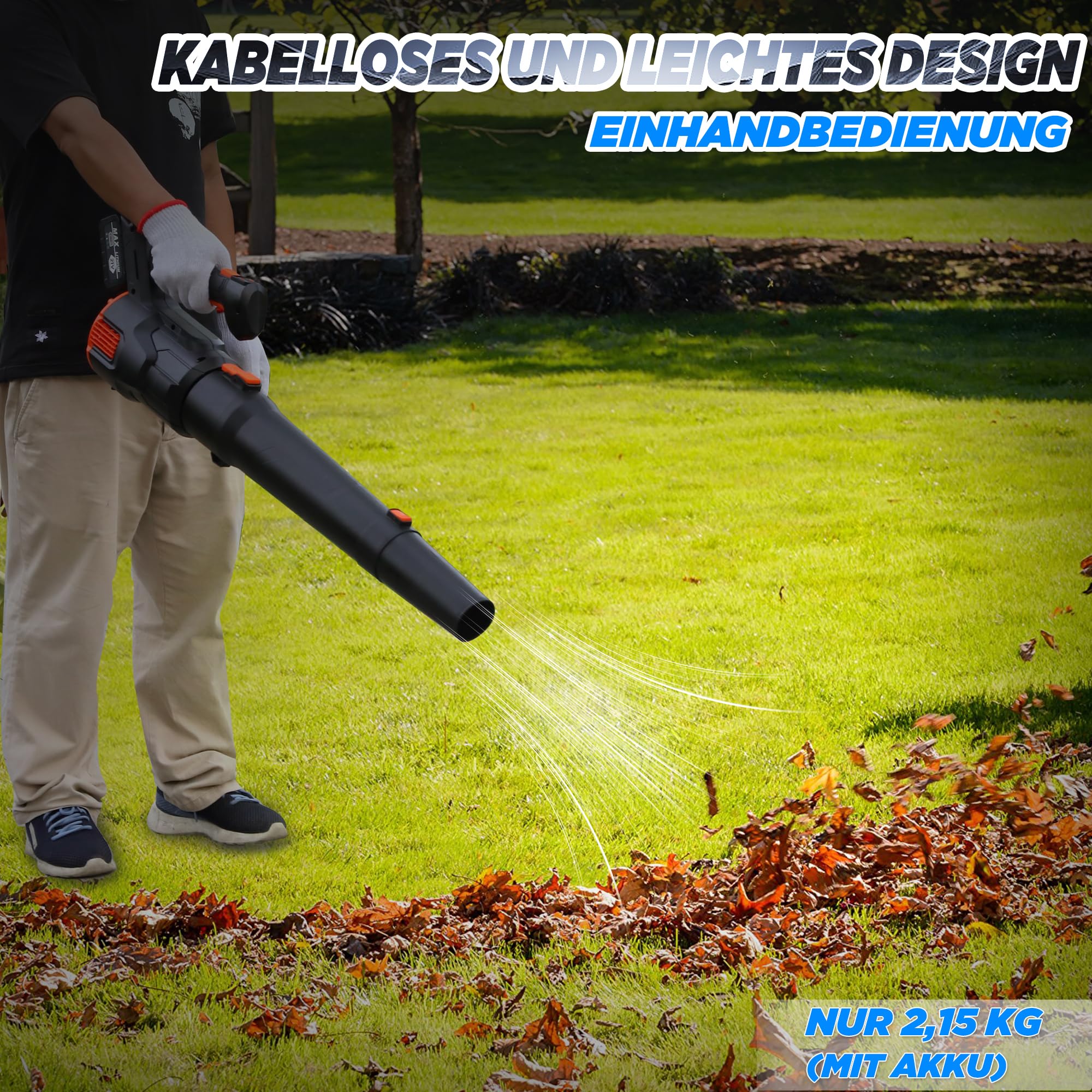 Soplador de hojas con batería con 2 baterías de 3,0 Ah y cargador, soplador de batería, soplador de hojas eléctrico de 3 velocidades, máx. 42 m/s de velocidad de flujo de aire, para jardín, patio
