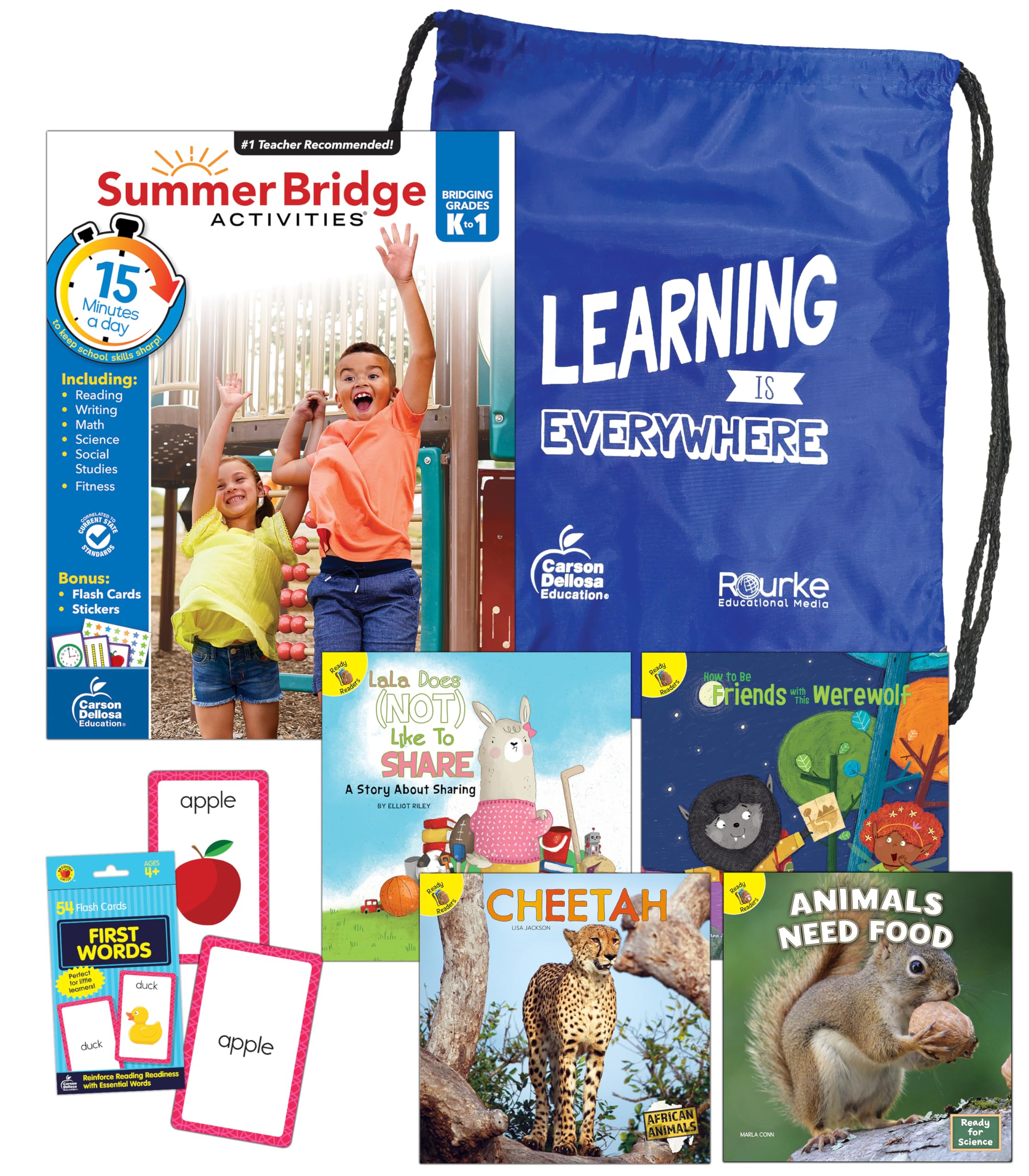 Summer Bridge Activities K-1 Bundle, Ages 5-6, Math, Reading Comprehension, Science, and Writing Summer Learning 1st Grade Workbooks, Sight Word Flash Cards, Children's Books, and Drawstring Bag