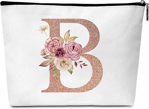 chanuan Bolsa de maquillaje con inicial, bolsa de maquillaje personalizada bohemia con monograma A - Z, bolsa de aseo de viaje para mujer, B