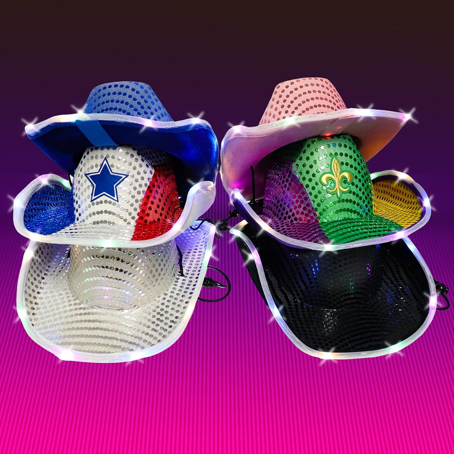 GiftExpress Adult LED Light-Up Sequin Cowboy Hat, Mardi Gras Costume Accessory, Shiny Purple, Green and Gold Colors - Image 5