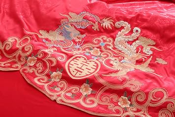 I-MART Chinese Wedding Bedding Set Queen 4Pcs Red Satin Sheets with Dragon & Phoenix Embroidery, 100% Cotton Satin, Duvet Cover & Flat Sheet, No Filler