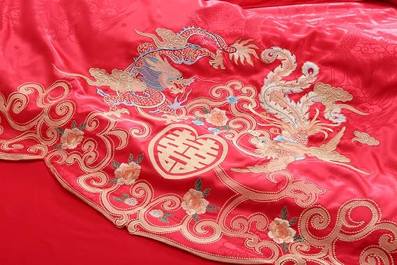 I-MART Chinese Wedding Bedding Set Queen 4Pcs Red Satin Sheets with Dragon & Phoenix Embroidery, 100% Cotton Satin, Duvet Cover & Flat Sheet, No Filler