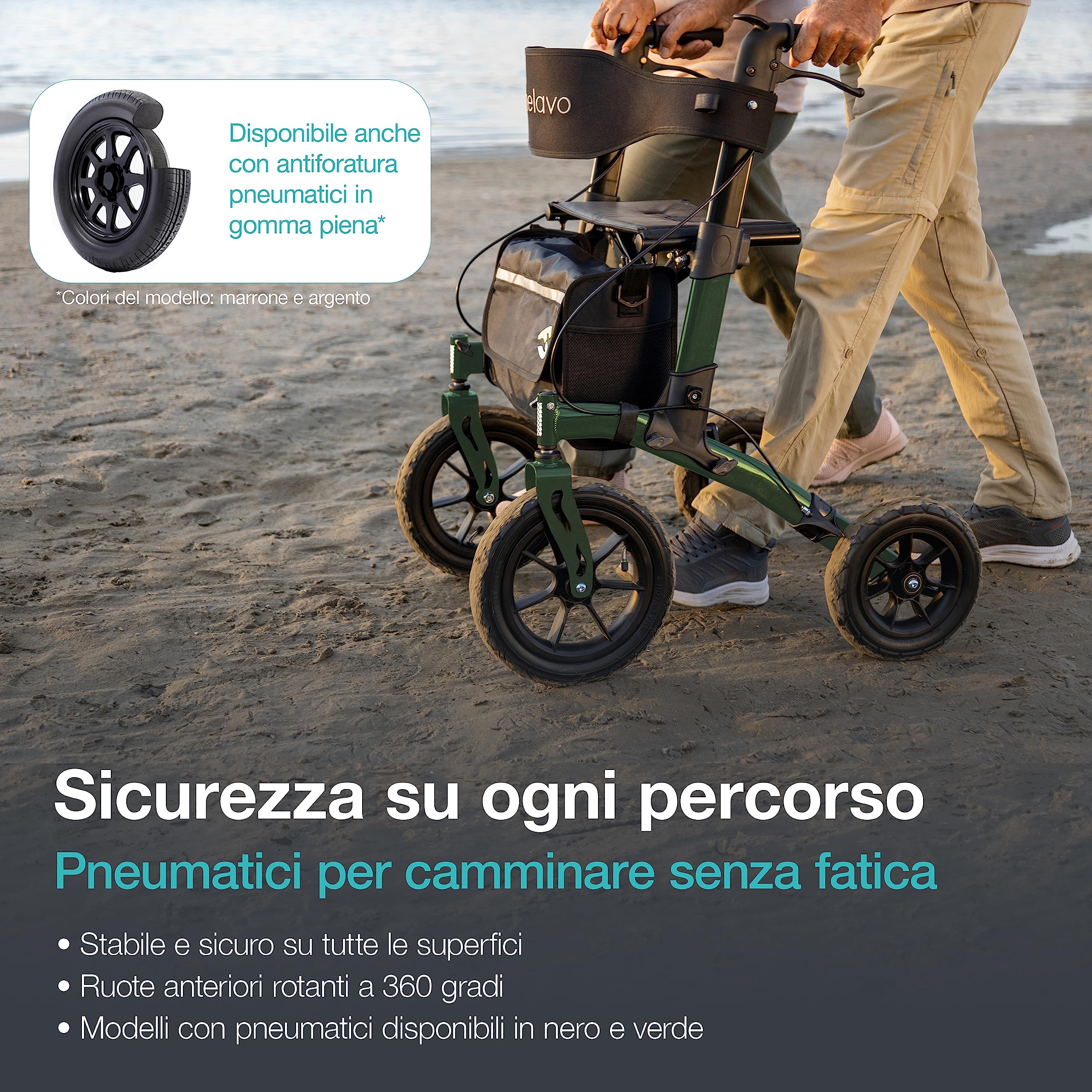 Helavo deambulatore per anziani 4 ruote pieghevole con seduta - Rollator da esterno con ruote pneumatiche 12"/10", altezza regolabile, sedile comodo, leggero, ammortizzato - 136 kg max