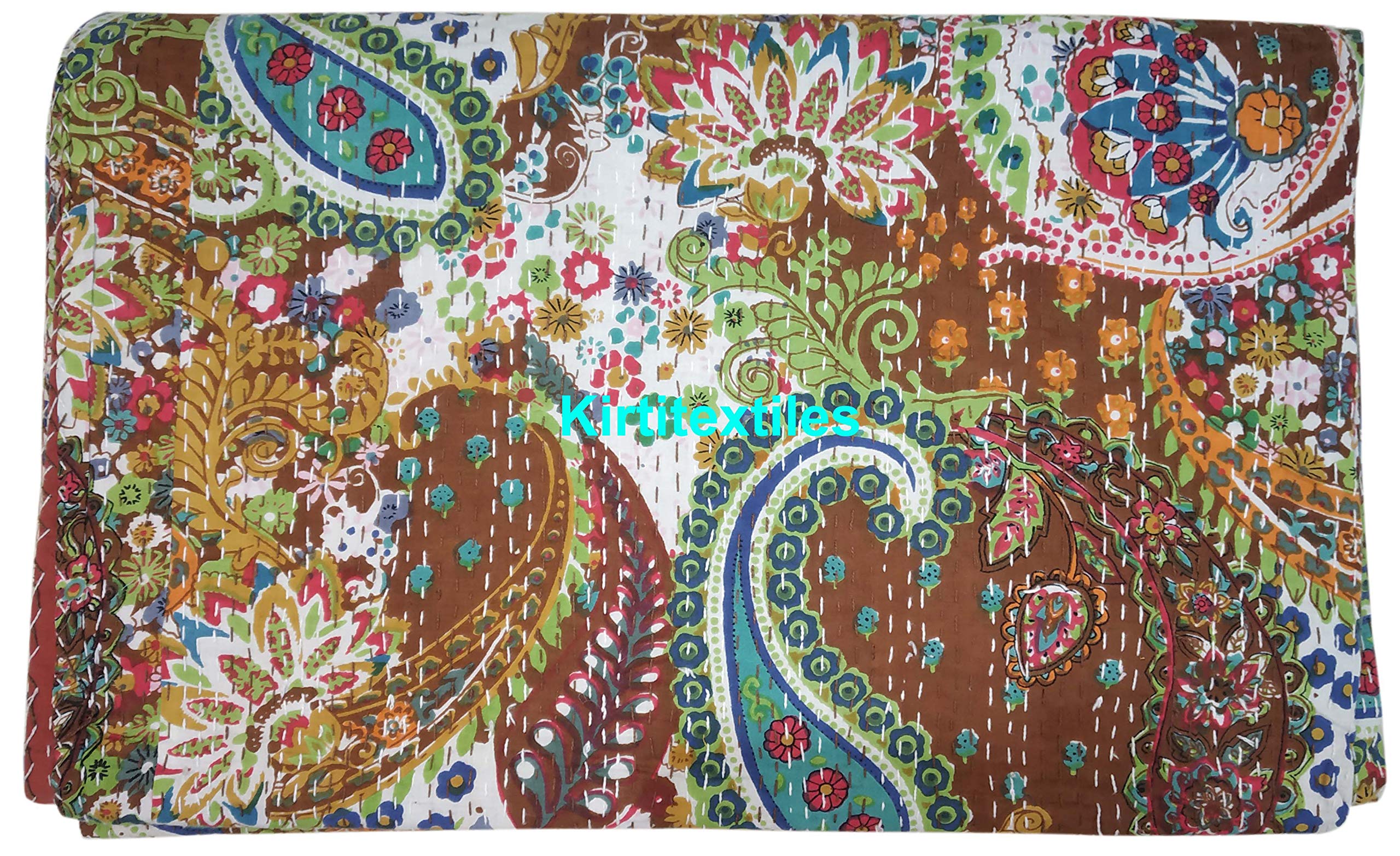 Kirti Textiles and Handicraft Rajasthani Handmade Cotton Kantha Quilt Floral Kantha Bedspread Throw (Queen, 90x108 inches, Double Bed)-picture-20