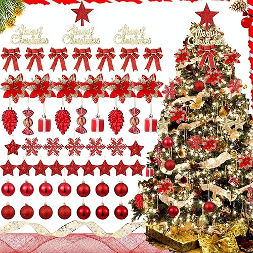 Miniatura 8 de Liliful Juego de 132 adornos para árbol de Navidad, surtido de bolas de Navidad, luces LED, lazos de pascua con purpurina, cintas para decoración de