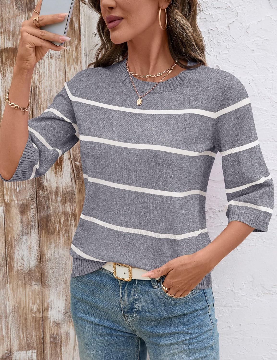 LOMON Womens Sweaters Casual Fall 2025 Crew Neck Striped 3/4 Sleeve Lightweight Knit Trendy Pullover Sweater Tops S-XL - Image 2