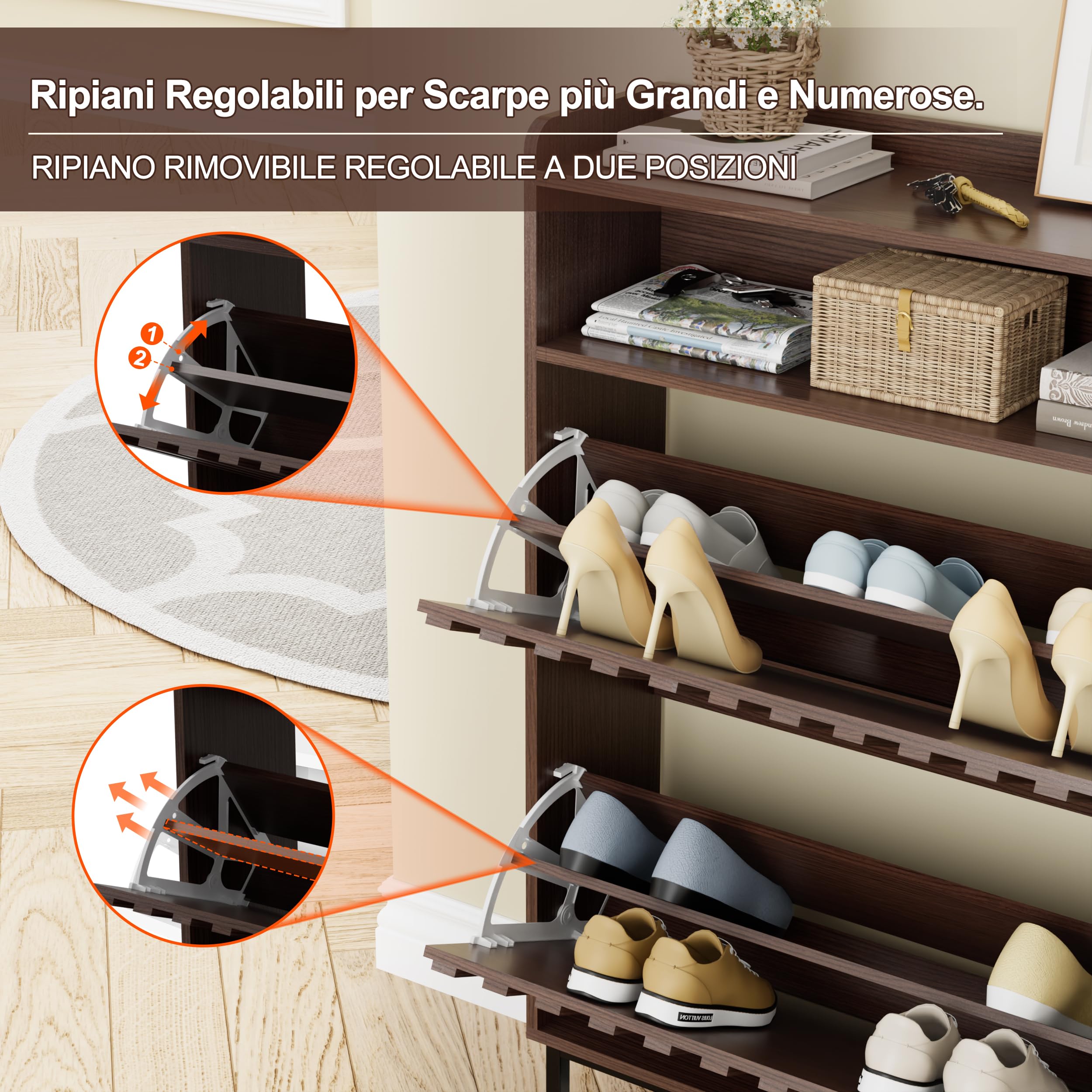 UEV Scarpiera Strette con 2 Ante, Scarpiera Ribaltabile per Ingresso, Mobiletto per Scarpe con Protezione Antiribaltamento, Ripiani Regolabili per Diversi Tipi di Scarpe, 80 x 24 x 117 cm, Noce