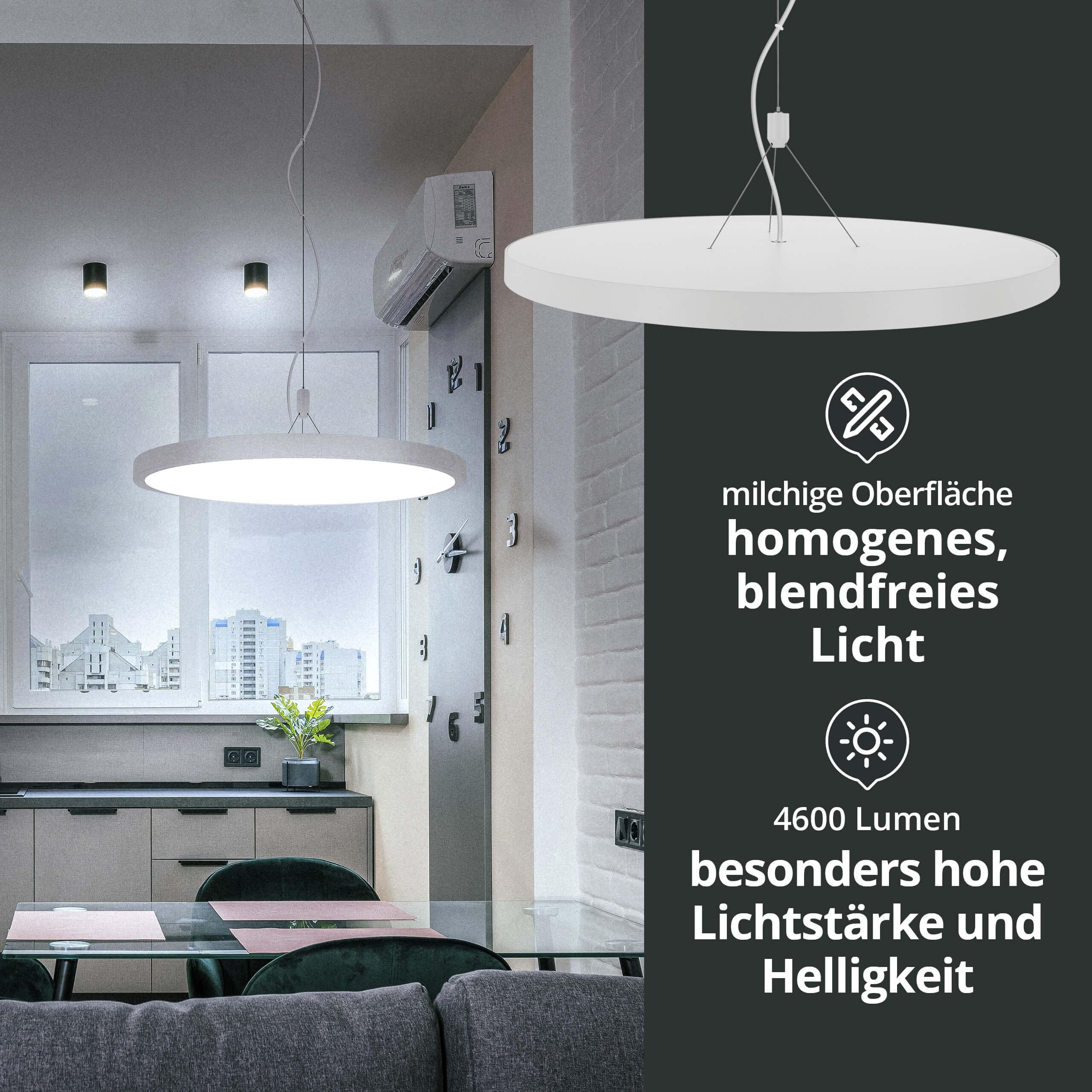 LED Deckenleuchte rundes Panel 60 cm, RGB+CCT 2700–6500 K, 32 W, bis 4600 lm, dimmbar, Deckenlampe mit Fernbedienung & App, höhenverstellbare Pendelleuchte, kompatibel mit Alexa/Google
