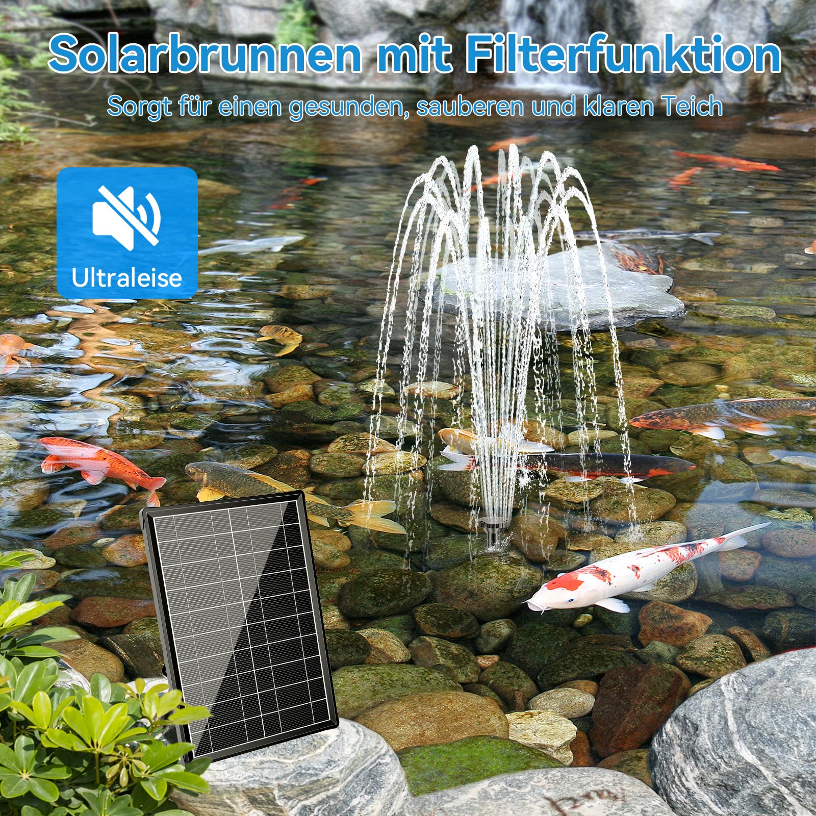 POPOSOAP Solar Springbrunnen mit Teichfilter – 8W Solarbrunnen & 3600mAh Batteriebackup, 8 Sprühmodi & 1,5 m Schlauch für kleine Außen-Teiche, Vogeltränken, Gartengewässer