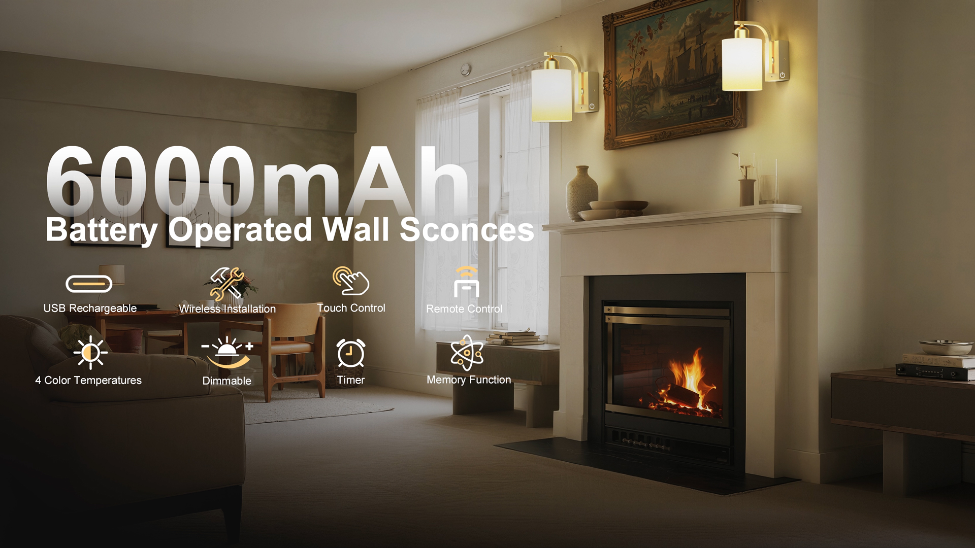 Image of iThird Battery Operated Wall Sconces Set of 2: 6000mAh Rechargeable Wall Light with Touch and Remote, Wireless Wall Lamp for Bedroom, Gold Modern Cordless Wall Scones for Living Room Hallway Bathroom