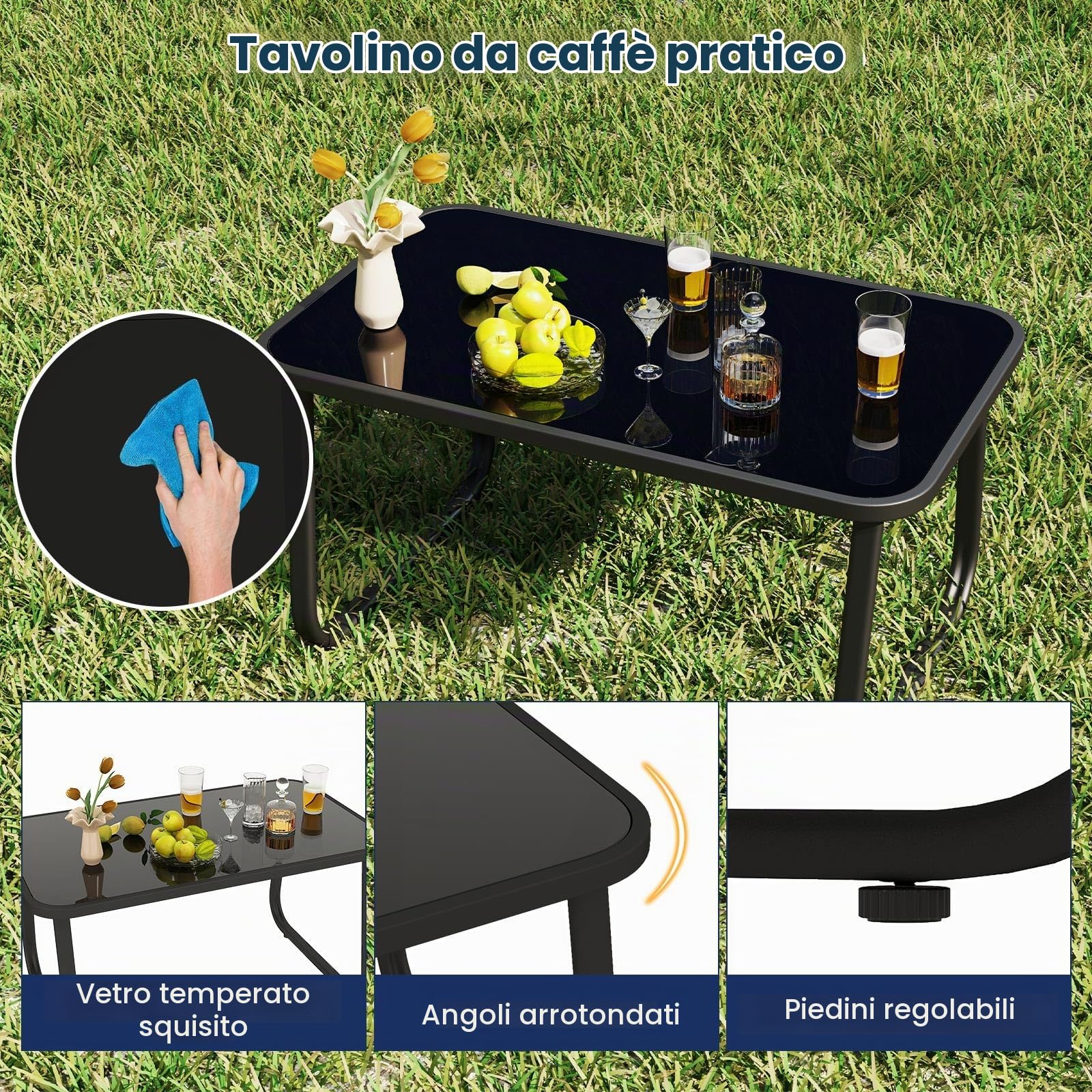 GIANTEX Set di 4 mobili da giardino con tavolino da salotto e panca da giardino e 2 sedie a dondolo, mobili da balcone in textilene con delicato movimento a dondolo (Blu)