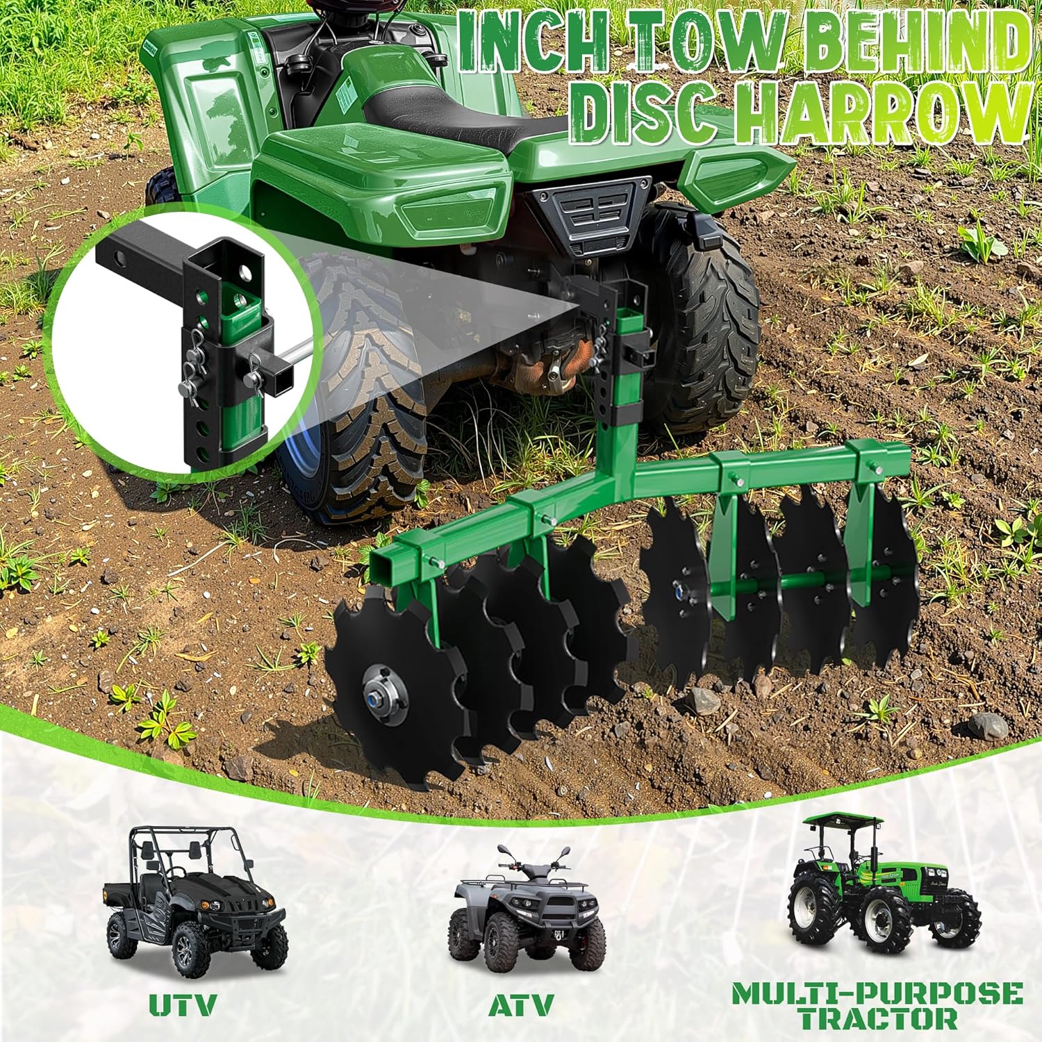 PPOLB 32" Tow-Behind Disc Plow Harrow Attachment for ATV/UTV/Garden Tractors – Fits 2" Receiver Hitch, Adjustable Height Soil Tiller with 12" Steel Discs for Ground Prep & Cultivation, Green