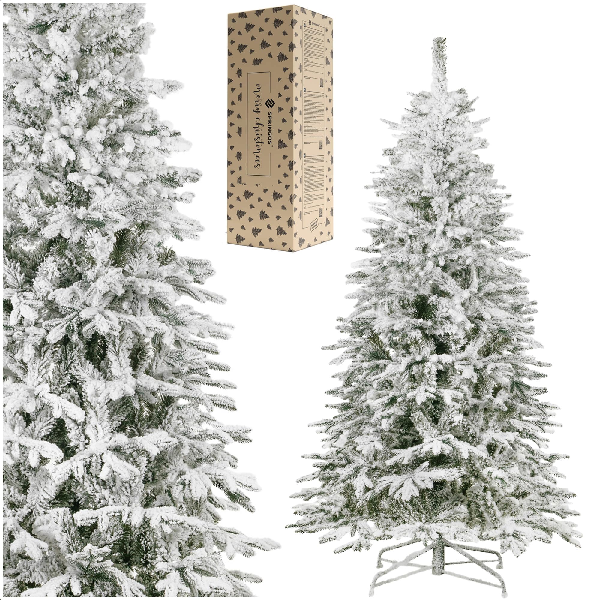 Springos Árbol de Navidad Artificial de 220 cm en Tronco Cubierto de Nieve, Abeto Natural Artificial con 385 Puntas y Soporte de Metal Estable, árbol de Navidad con Aspecto de Nieve, decoración de