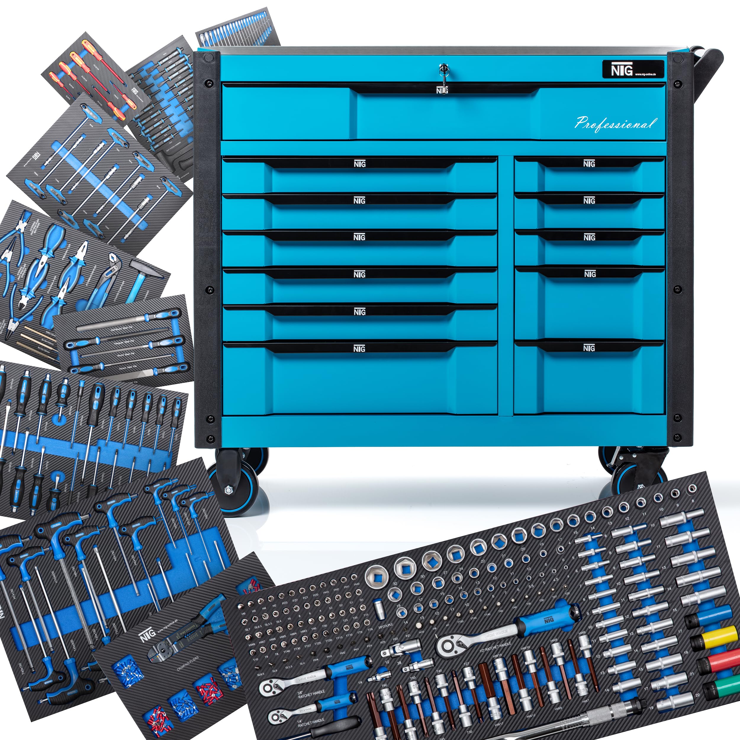 NTG Carrello portautensili XXL completo di utensili | 457 pezzi | +12 cassetti con serratura | 10 dei quali con utensili | Con inserti morbidi in carbon look | Carrello portautensili da officina