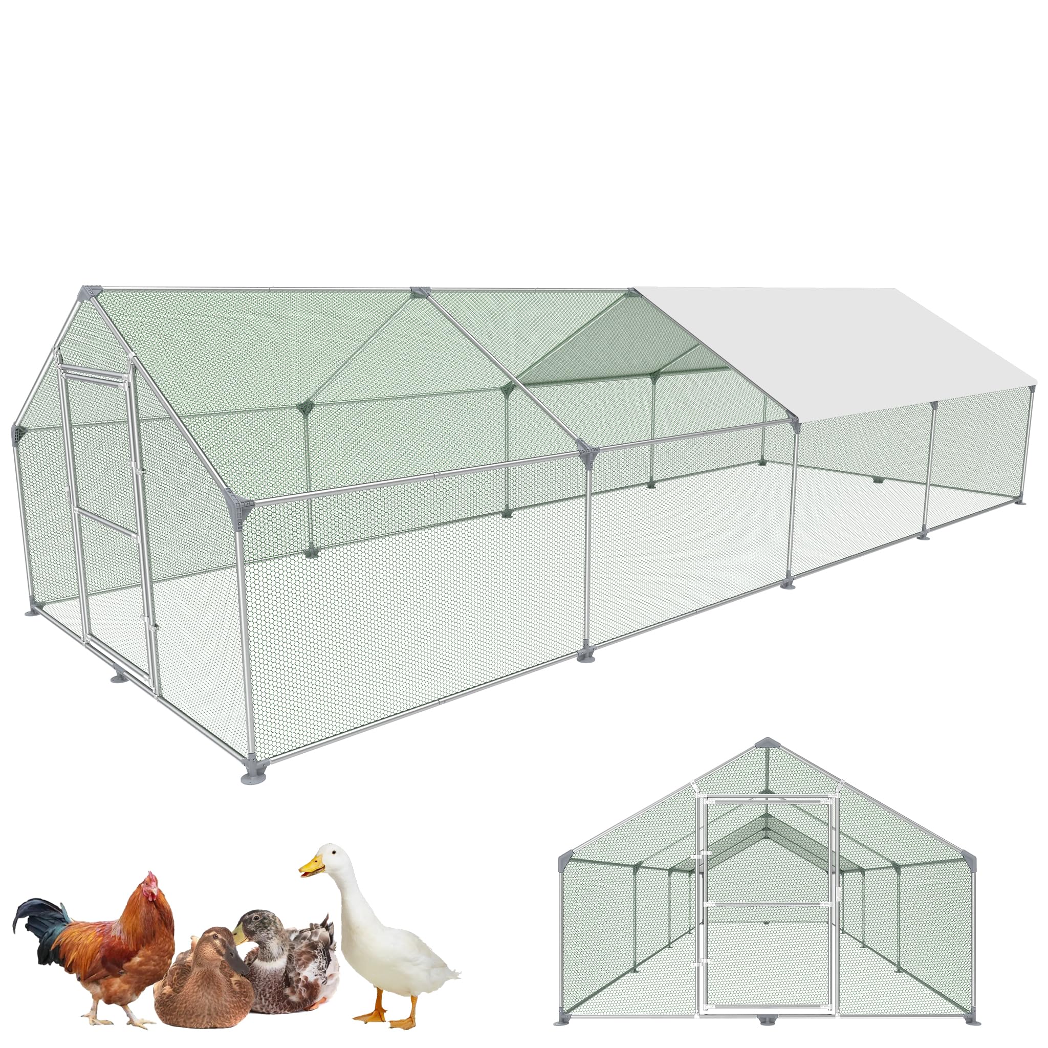 FIVMEN Recinto para gallineros, 3 x 8 x 2 m, metal, 24 m², jaulas de aves de corral con protección solar, techo, valla de pollo, puerta y cerrojo, establos estables para animales pequeños y plantas