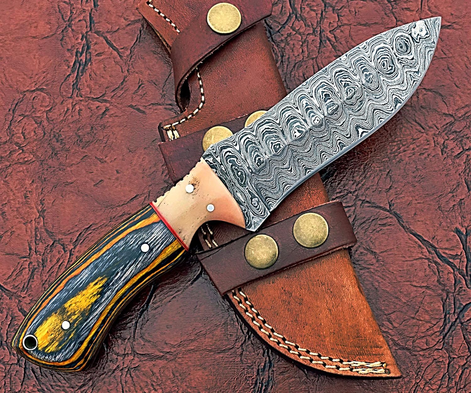 9" Long Hand Forged rain Drop Pattern Damascus Steel Skinning Knife, 4.5" Full Tang Hand Forged Blade, Multi Color Wood Scale, Cow Hide Leather Sheath with Belt Loop