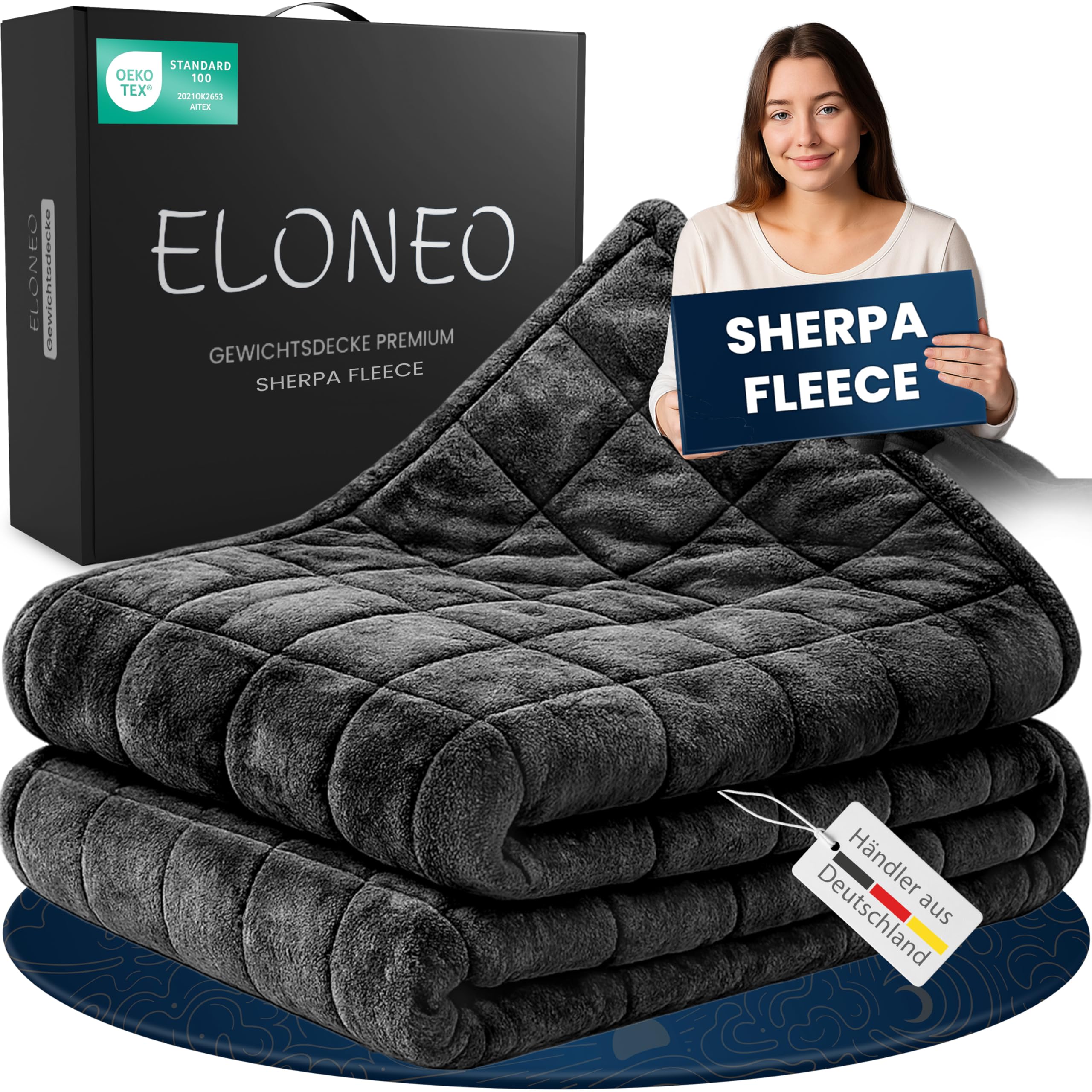 ELONEO Sherpa Fleece Gewichtsdecke 135x200 cm 7 kg Oeko-Tex Zertifiziert Weighted Blanket schwarz