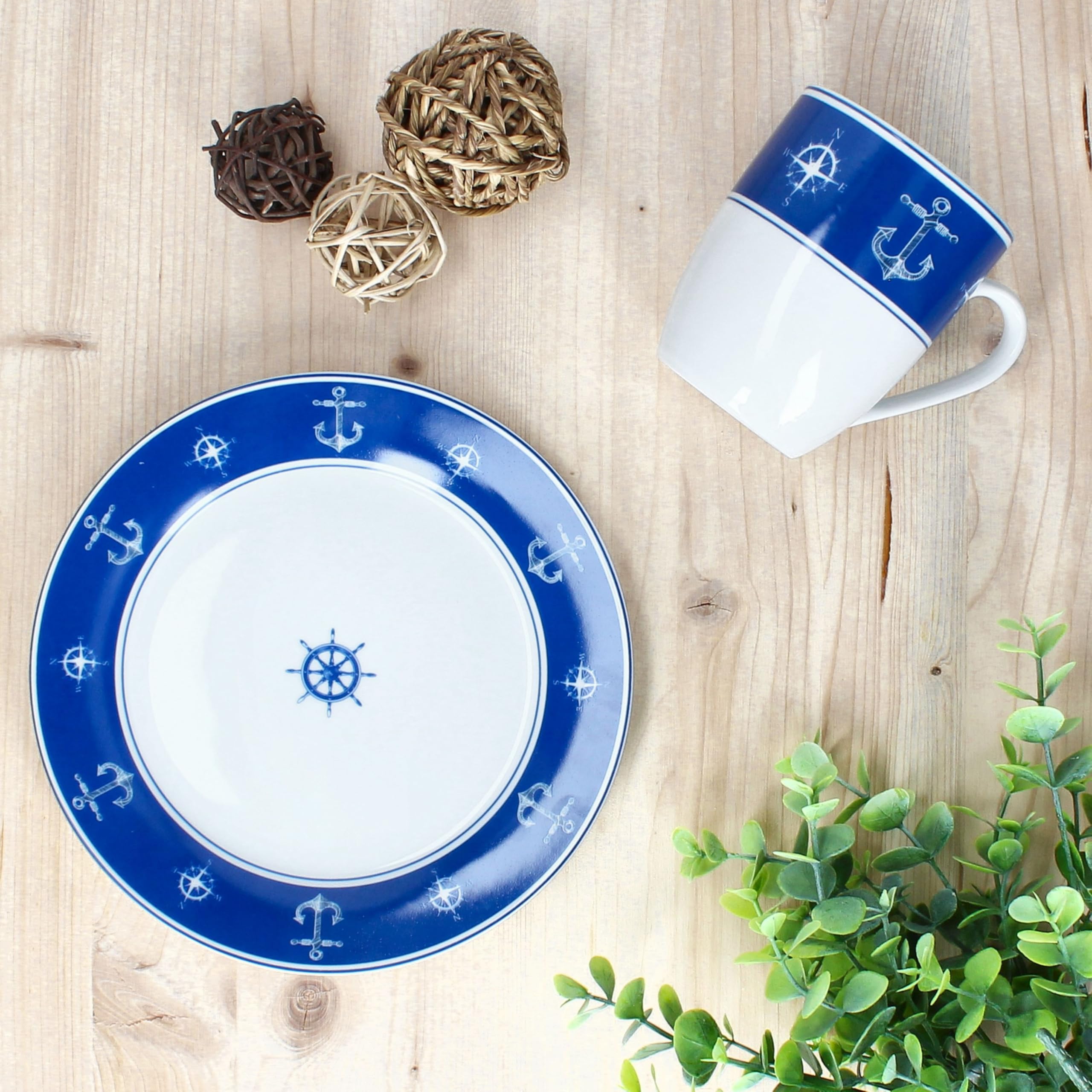 MamboCat Ahoi 12tlg Frühstücksset aus Porzellan I blau-weißes maritimes Design mit Anker & Steuerrad I je 6x Kuchenteller & Kaffeebecher für 6 Personen | Frühstück & Kaffeezeit