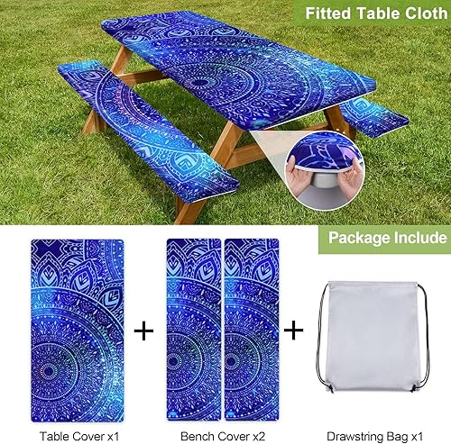 Miniatura 4 de Play Tailor - Mantel para mesa de pícnic con cubiertas para bancas, impermeable y a prueba de viento con bolsa de cordón, ajustable a mesas y bancas
