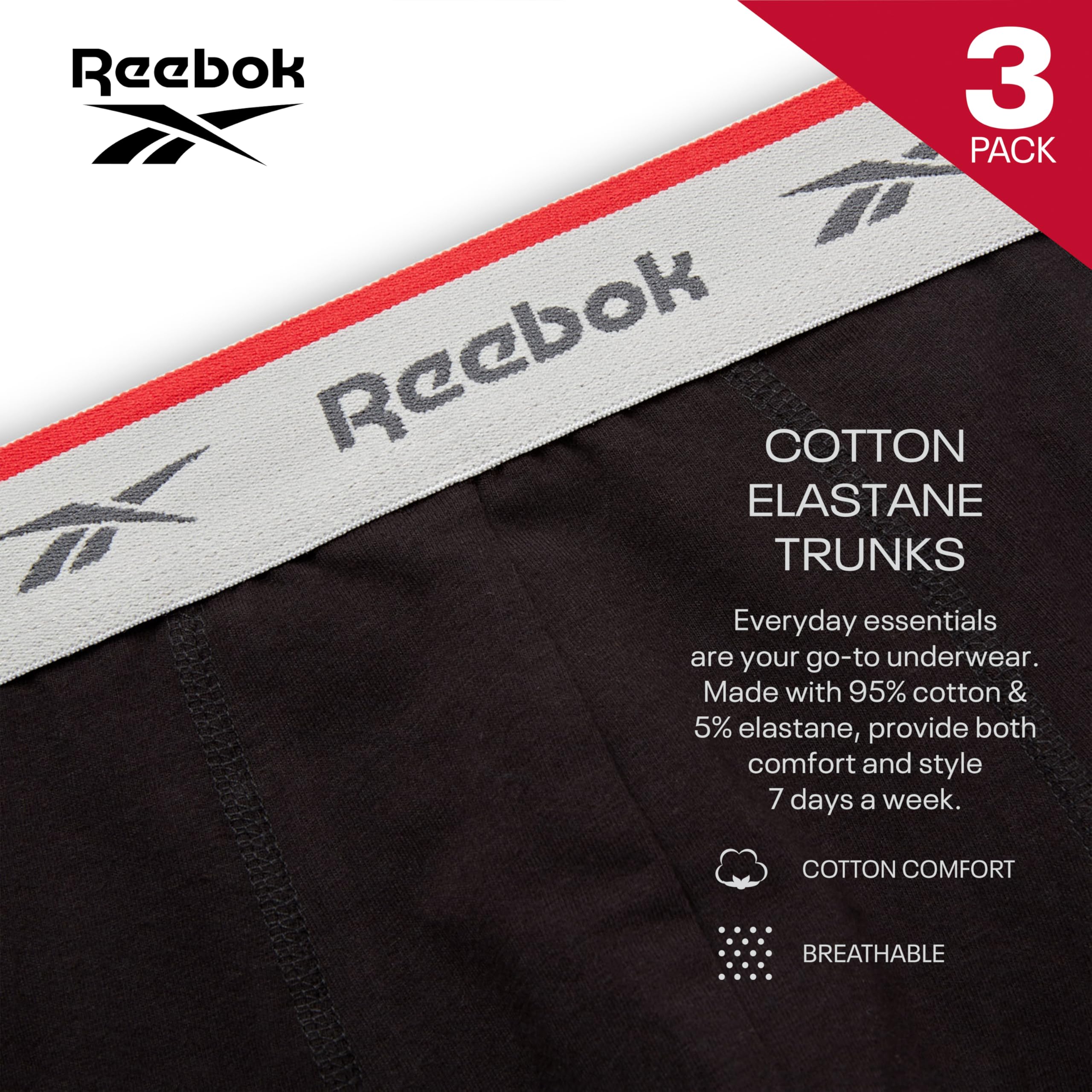 Reebok Ovett Bokserki męskie, 3 sztuki, oddychająca i rozciągliwa bielizna dla mężczyzn, wielopak bawełnianych bokserek