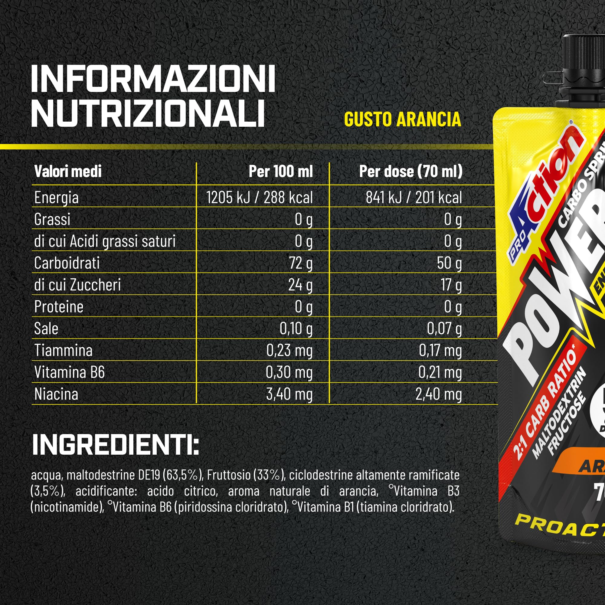 ProAction Carbo Sprint Power 50 Carbo Gel 50g | Gel Carboidrati 2:1 con Maltodestrine e Ciclodestrine Altamente Ramificate per Ciclismo Endurance | 70 ml per Stick | Box da 32 pz
