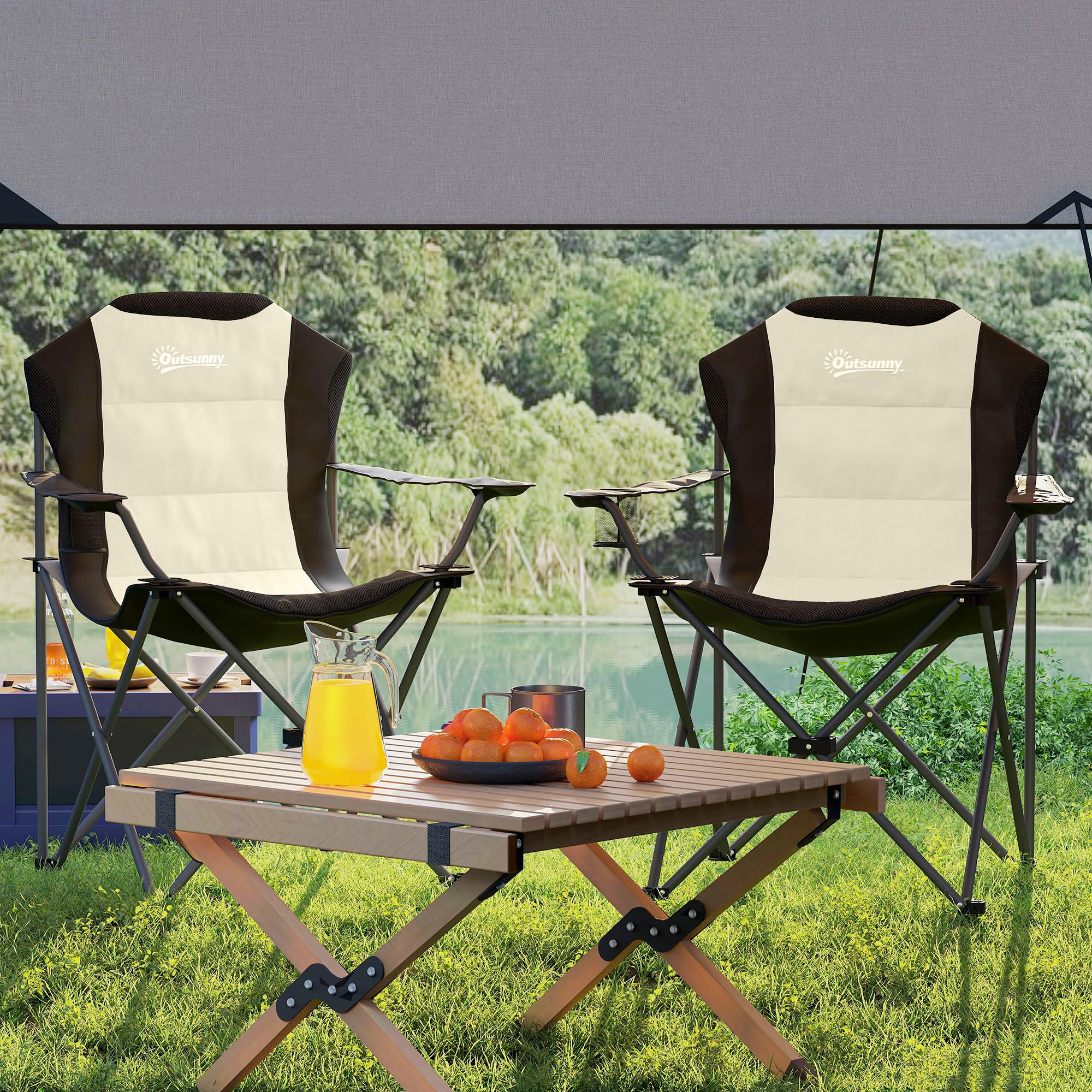 Outsunny Set di 2 Sedie da Campeggio Pieghevoli con Schienale Alto, Portabicchieri e Borse da Trasporto, Sedie per Esterno in Metallo e Tessuto Oxford, per Giardino Spiaggia Picnic Esterni, Crema
