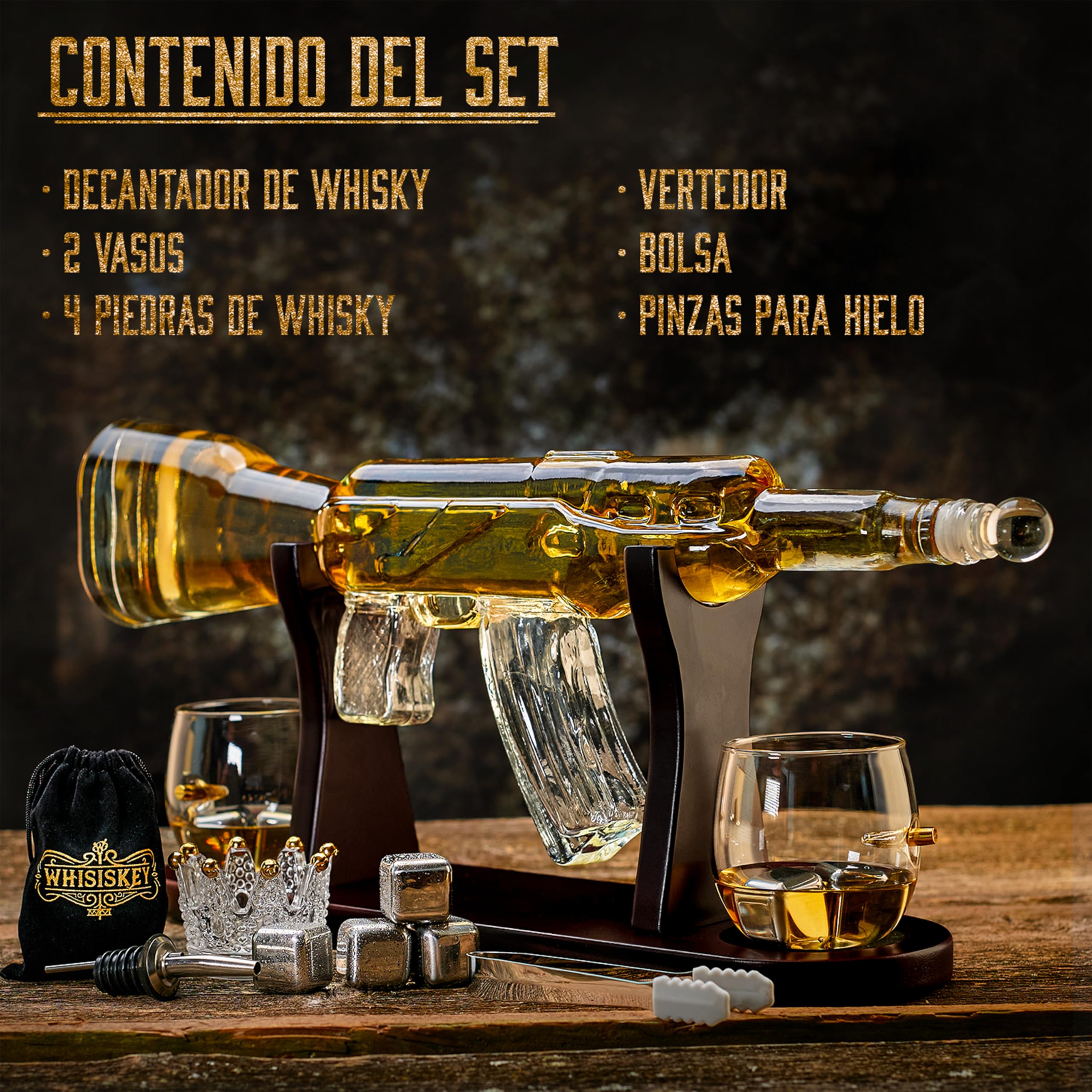 WHISISKEY Decantador de Whisky - Jarra de whisky - Decantador 1000ml - Set de Regalo de Whisky - Regalos Originales para Hombres - 2 Vasos de Whiskey x 285ML, 4 Piedras de Whisky, Accesorios