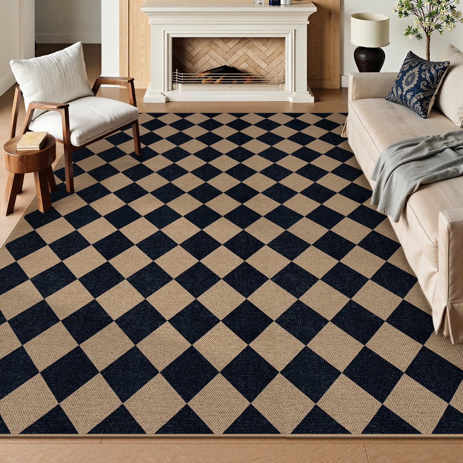 Lahome Checkered Easy Jute Indoor Outdoor Rug, 9x12 Stain Resistance Dining Room Rug, Farmhouse Neutral Non Slip Non Shedding Washable Floor Carpet