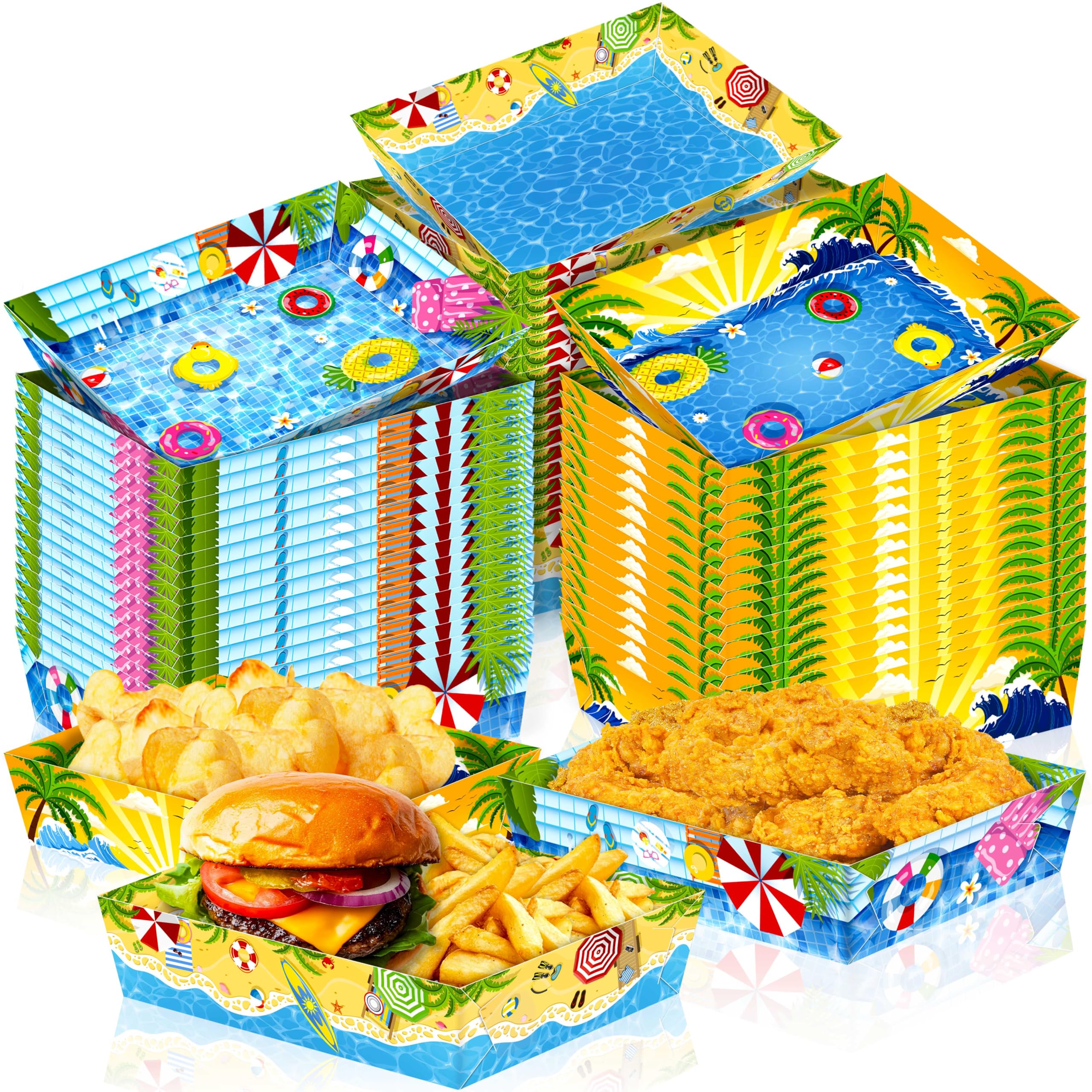 50packs Hawaiian Luau Party Decorations – Summer Pool Beach Themed Paper Food Trays, Disposable Tropical Supplies for Aloha, Birthday, Retirement Favors