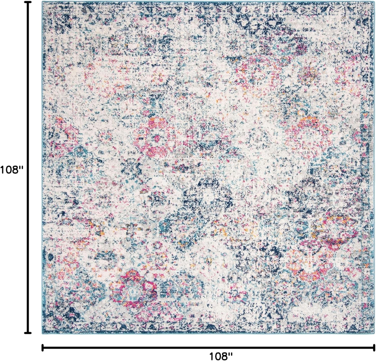 SAFAVIEH Madison Collection Area Rug - 9' Square, Navy & Teal, Boho Chic Distressed Design, Non-Shedding & Easy Care, Ideal for High Traffic Areas in Living Room, Bedroom (MAD611N)