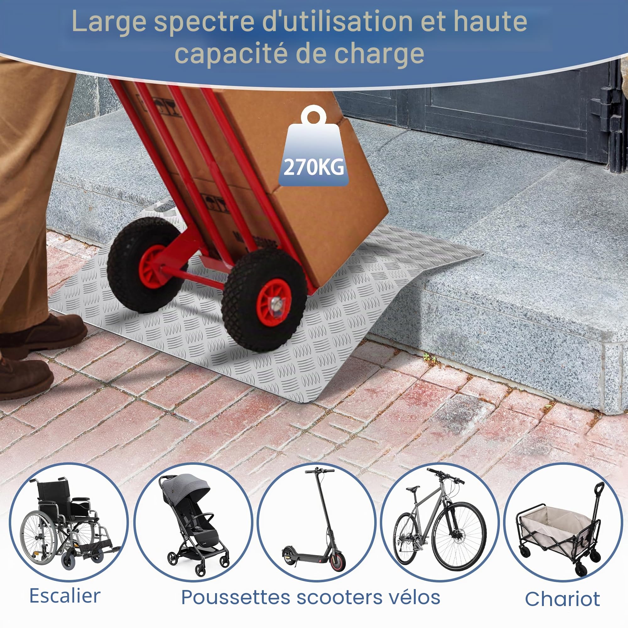 UISEBRT Rampe de seuil de porte, pour fauteuil roulant, en aluminium, antidérapante, portable, avec poignées, capacité de charge 270 kg (100 x 70 x 10 cm)