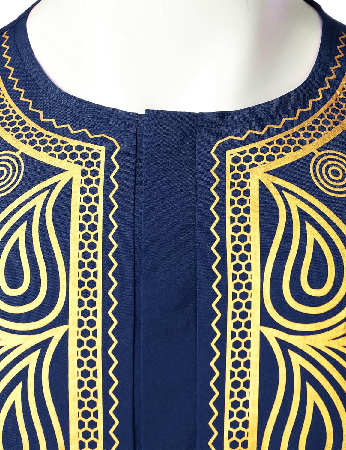 ZEROYAA Men's African Ethnic Hidden Button Short Sleeve Shirt Metallic Gold Printed Dashiki