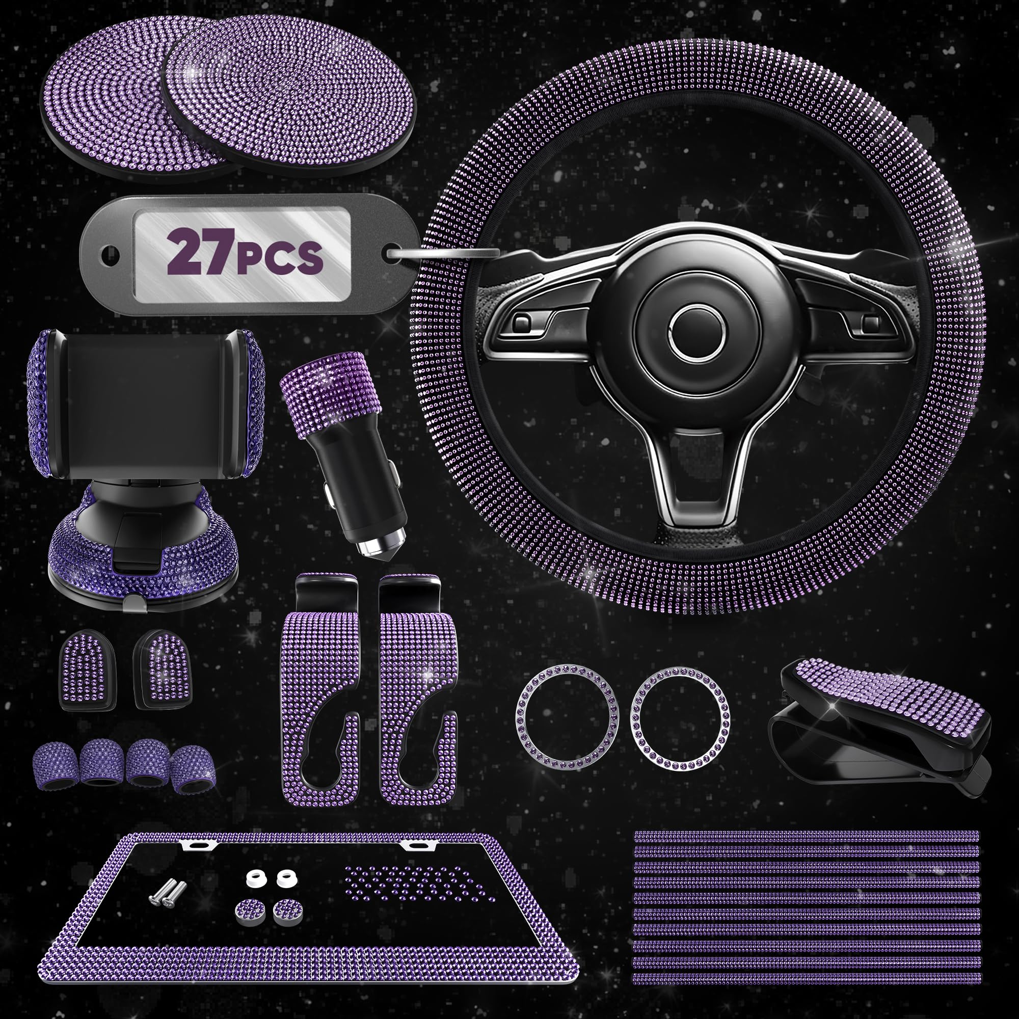Purple Bling Car Accessories Set, 27 Pcs, for Women Drivers
