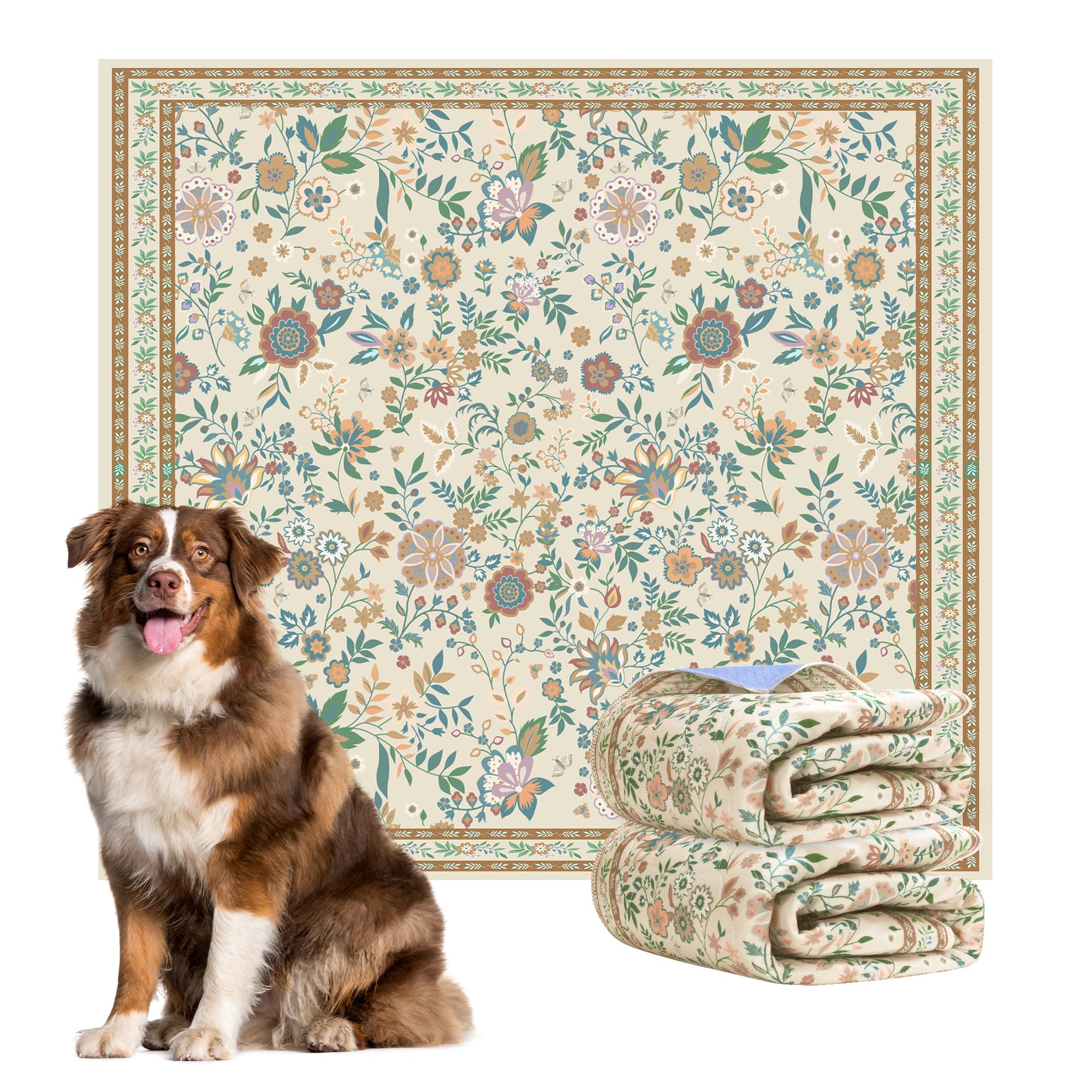 BaoDan Traversine Lavabili per Cani, Traverse Cani 122x122cm, 2 Pezzi Tappetini Igienici per Cane Riutilizzabili con Fondo Antiscivolo, Facili da Lavare, Marrone con Stampa Floreale