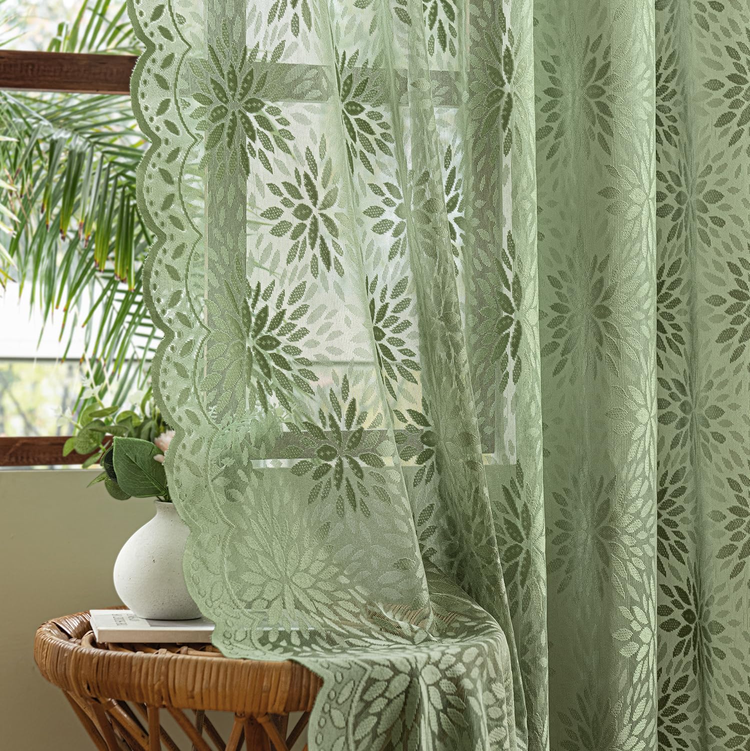 MIULEE Vintage Floral Scalloped Lace Curtains, Sage Green 52" W x 45" L