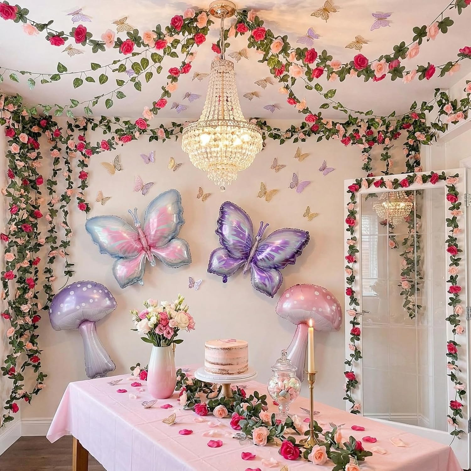 Canlierr 20 Pcs Fairy Party Decorations Include Rose Wisteria, Mushroom Butterfly Balloons and Artificial Ivy Greenery, Fairy Garden Topper for Girls Birthday, Wedding, Tea Party, Baby Shower