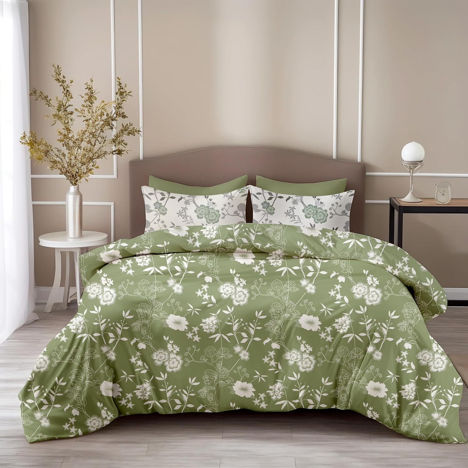LORETO - A QUALITY LINEN BRAND 100% Pure Cotton Bedsheet for King Size Bed, 144TC Soft & Breathable King Size Bed Sheet Cotton with 2 Pillow Covers (Olive Green Floral Elegance, 104 x 104 Inches)