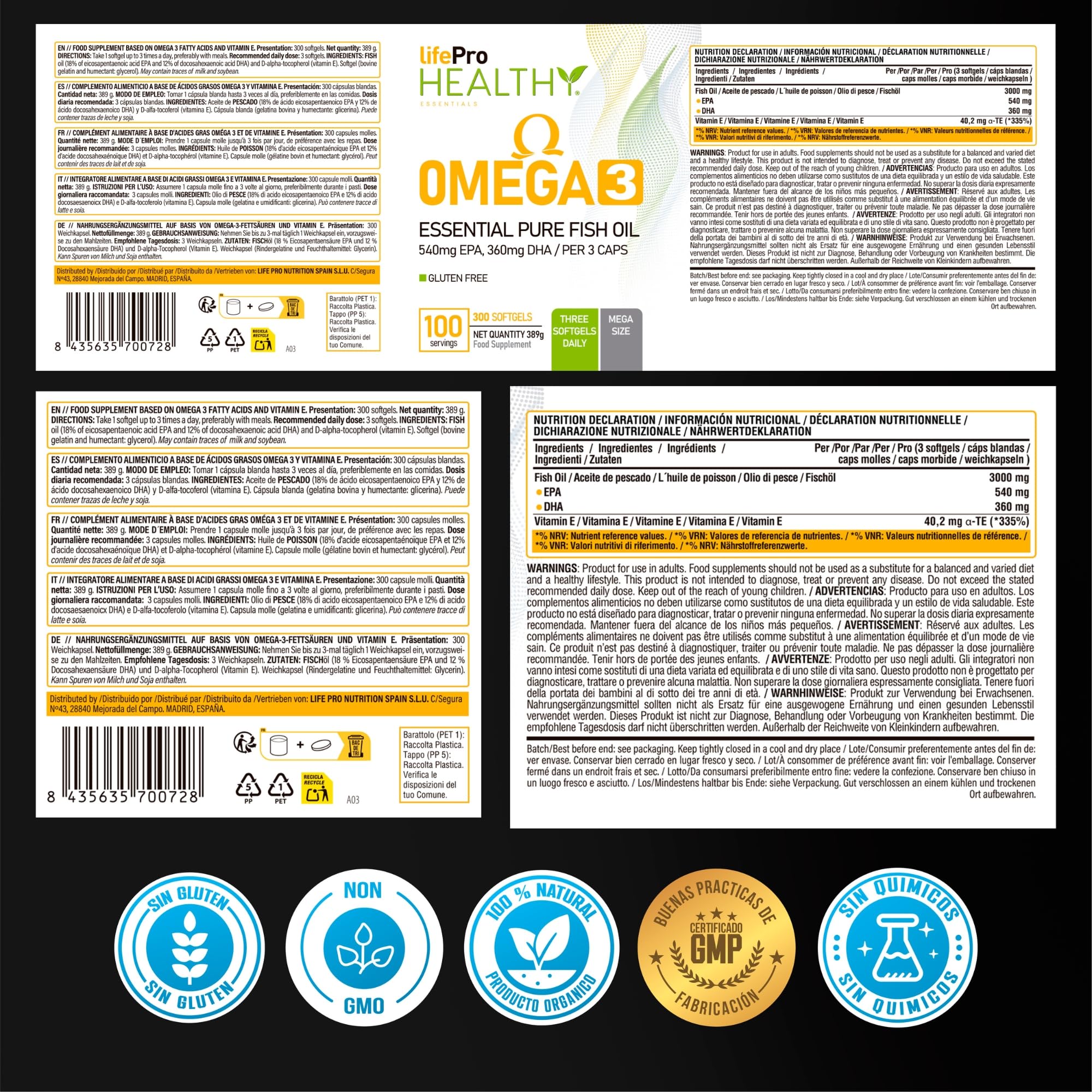 Life Pro Omega - 3000 mg, 300 capsule - Softgel di olio di pesce (EPA 540 mg + DHA 360 mg) per il benessere generale, scorta per 3-4 mesi - Senza glutine