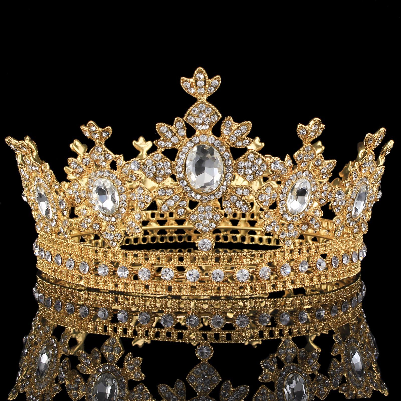 FUMUD 3.3''Baroque Vintage Rhinestone Pageant Prom Green Tiara Pearl Large Wedding Round Tiaras And Crowns Bridal Hair Accessories (White)