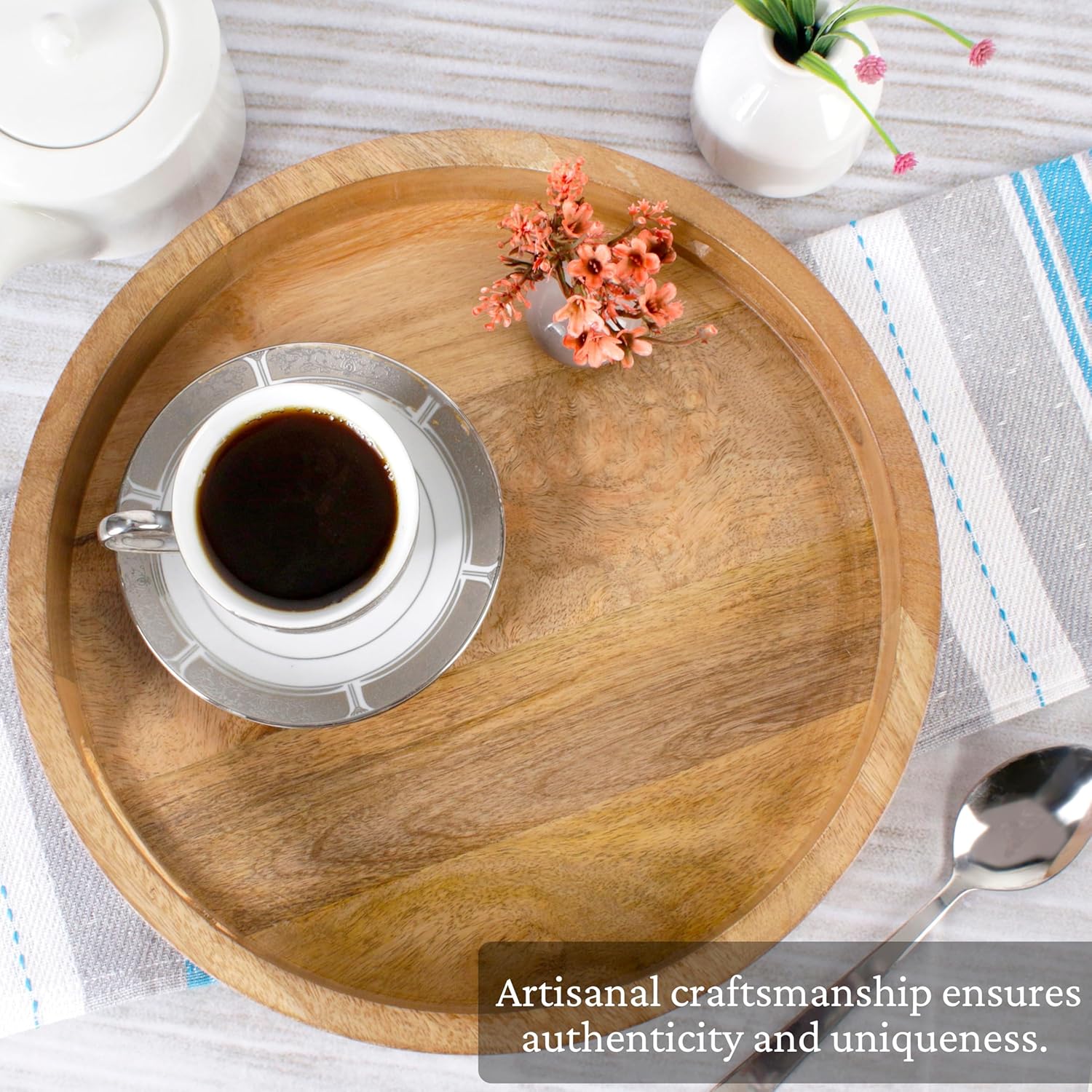 Round Wooden Tray - 12" Decorative Wood Serving Tray - Perfect for Breakfast, Lunch, Dinner, Appetizers, Patio, Ottoman, Coffee Table - Durable Living Room Couch Tray (Natural) - ALPHA Living HOME