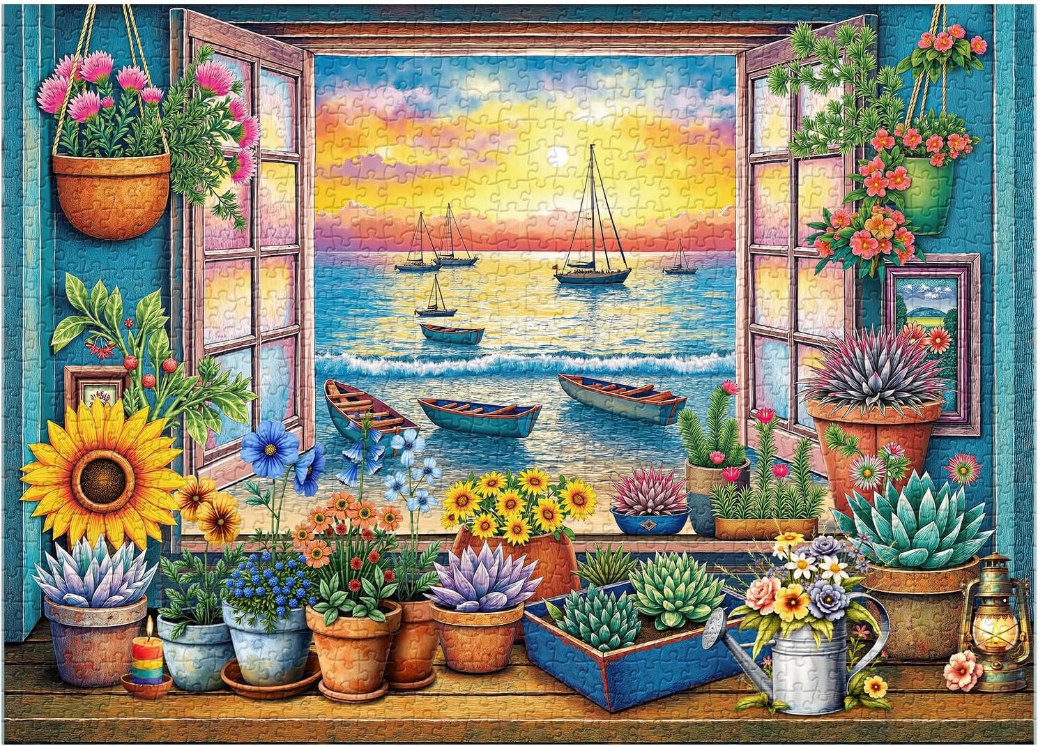 Garden Plants Puzzles for Adults 1000 Pieces, Flowers Succulents Jigsaw Puzzles, Sunflower Window Art Puzzle as Wall Decor