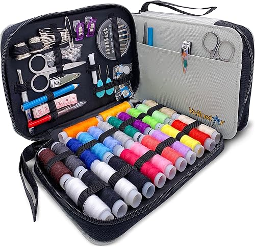 VelloStar Kit de costura para adultos  100 suministros y accesorios de costura y kit de hilo de coser de 24 colores, productos de aguja e hilo para