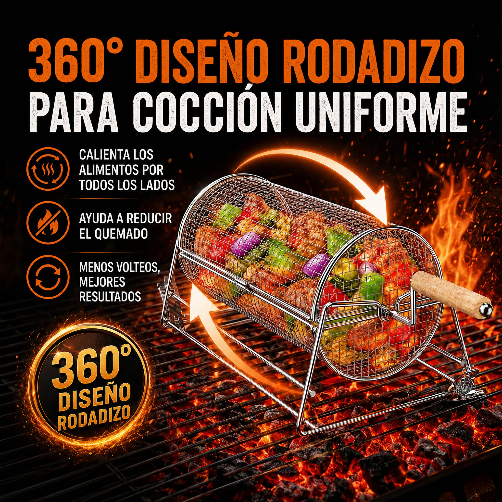 2-en-1 Cesta de Parrilla Rodadiza Rotativa, Acero Inoxidable 304 con Dobles Mangos de Manivela y Recto, Accesorios Barbacoa para Verduras Camarones, Regalo Idea Hombre Papá Esposo Cumpleaños