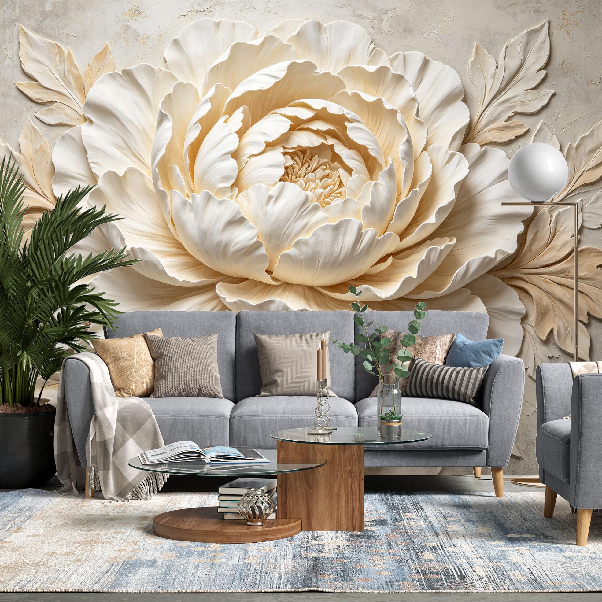Fresque Murale, Papier Peint Mural Floral 3D Intissé 600 x 400 cm Grand Motif Pivoine Idéal pour le Salon la Chambre le Couloir Comme Mur D'Accent Ou Fond Tv.