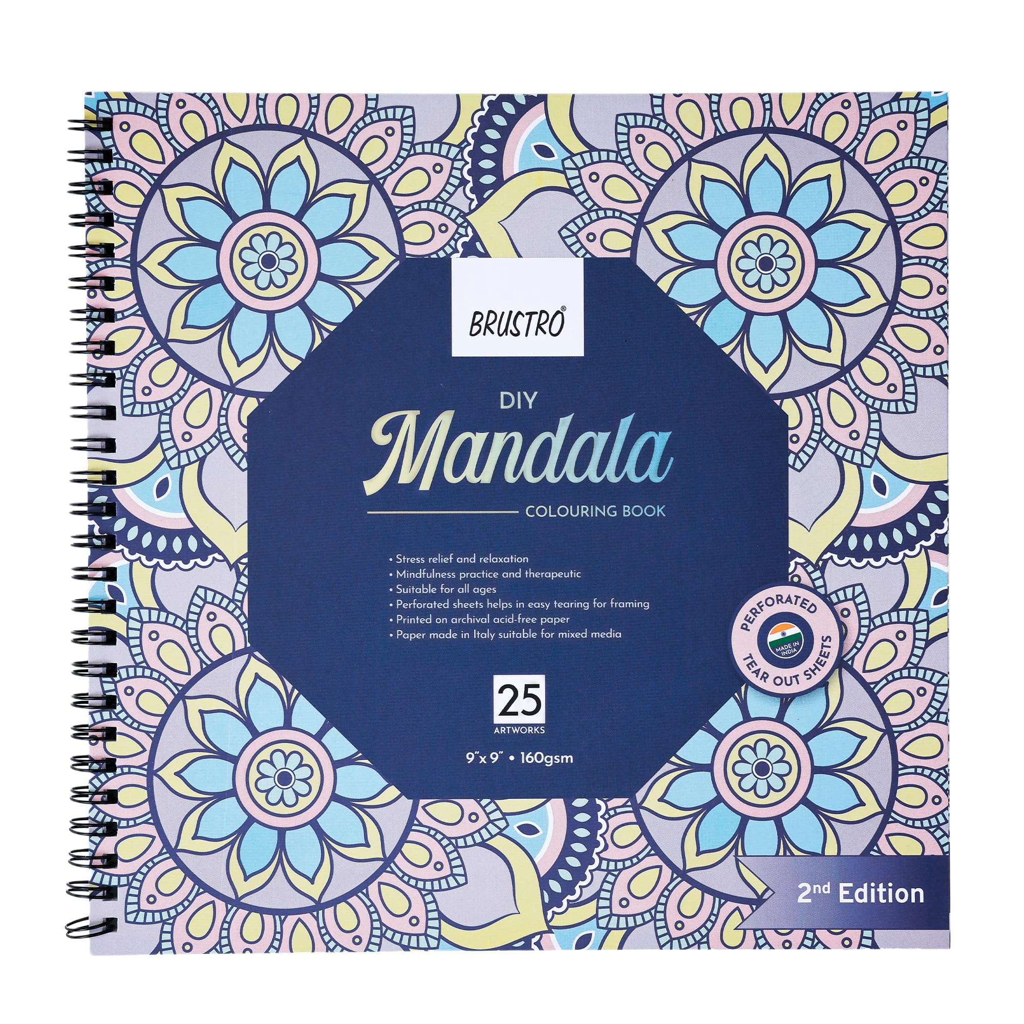 Brustro DIY Mandala Colouring Book–2nd Edition| 25 Designs,160 GSM Paper,9x9 inch,Tear-Out Sheets | Ideal for Stress Relief & Mindfulness Art Book for Adults & Kids,Drawing,Mixed Media,Pens,Markers-image-3
