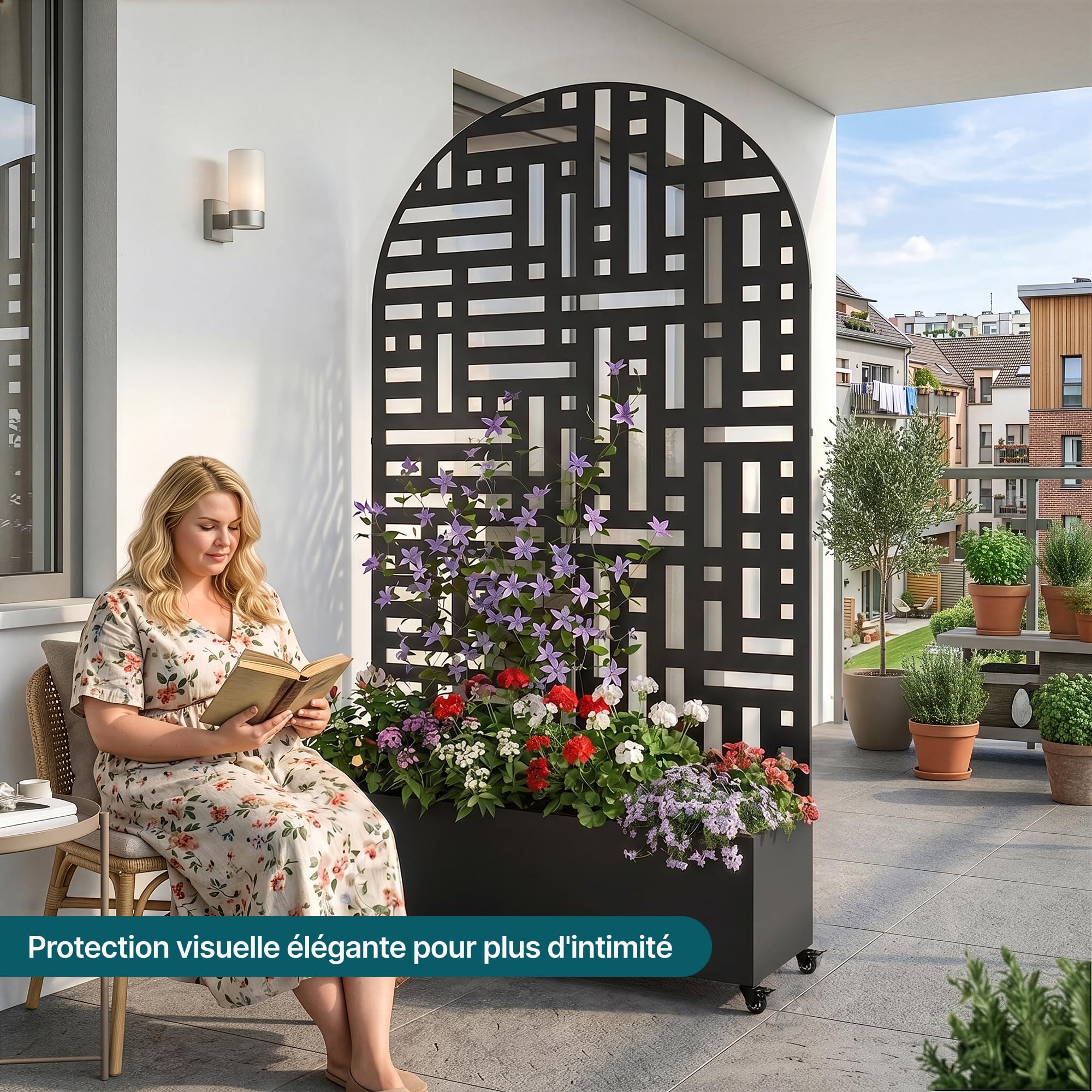 casa.pro Cloison avec Jardinière Bernalda en Forme d'arc 190x120x38 cm Noir | bac à fleurs résistant, protection contre les regards, séparateur avec roulettes, freins de blocage